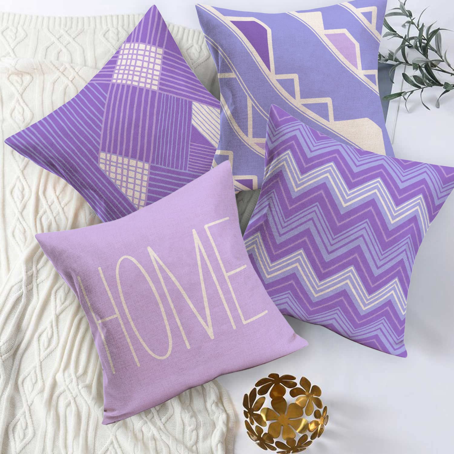 Xihomeli Modern Abstract Purple Geometric Throw Pillow Covers Set of 4 - 18x18 Inch Cotton Linen Cushion Cases with Triangle Wave, Stripes & Arrow Design - Perfect for Living Room Sofa, Bedroom Decor & Home Sweet Home Quotes