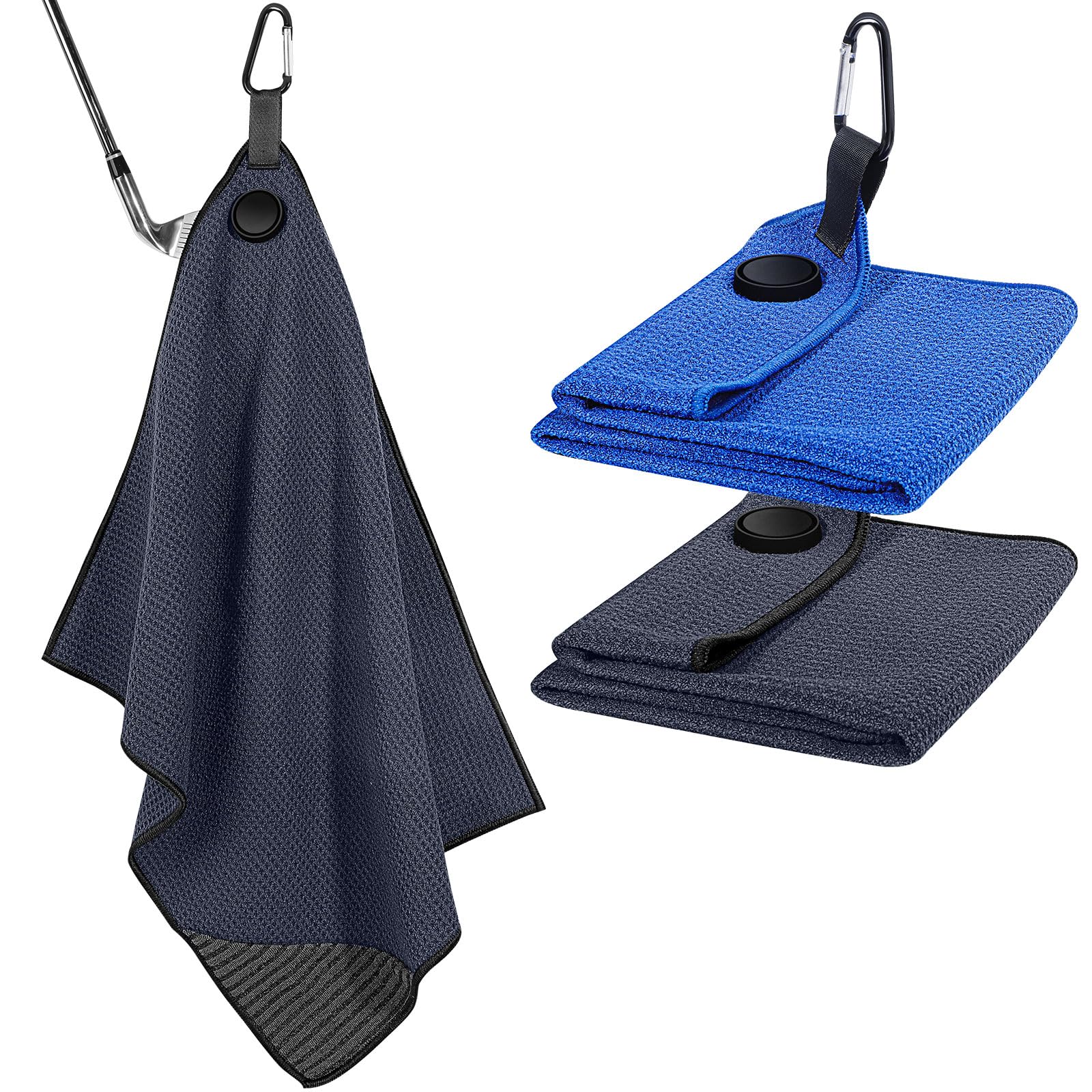 2 Pack Magnetic Golf Towels with Clips - Super Absorbent Microfiber Waffle Pattern for Club Cleaning - Golf Accessories for Men & Women - Perfect for Golf Bags, Carts & Club Maintenance (Black & Blue)