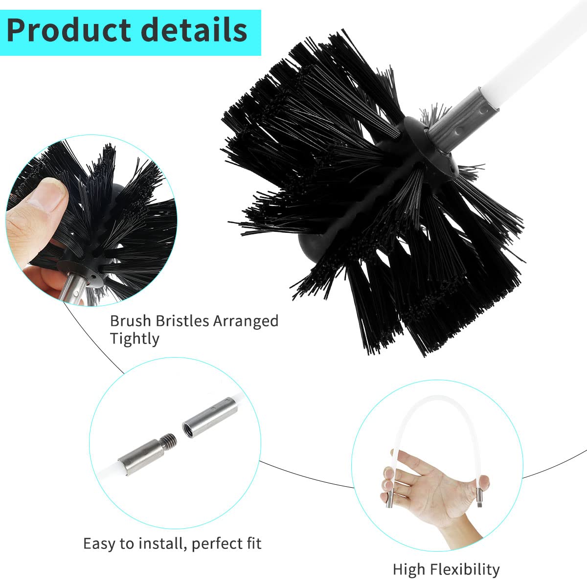 Professional Chimney Sweep Kit with Long Handle & Flexible Rods - Replaceable Nylon Brush Head for Home Indoor Flue, Drainage Pipeline Cleaning - Perfect for Fireplace, Wood Stove & HVAC Maintenance (Black)