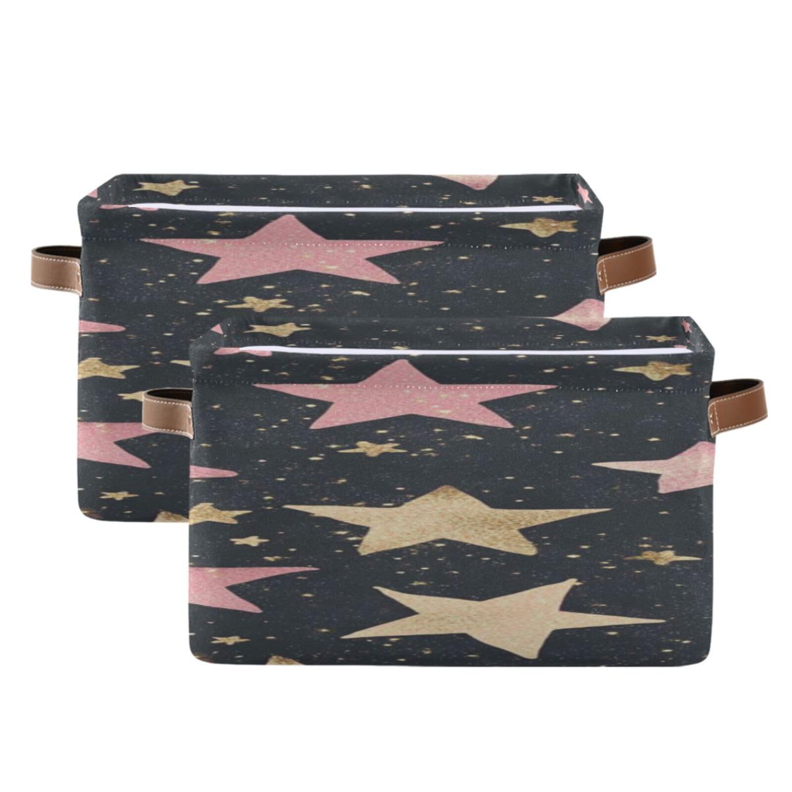 Large Storage Baskets with Handles - Foldable Home Organization Bins for Closet, Shelves & More (2-Pack, Custard Star) - Perfect for Bedroom, Bathroom & Kids Room Storage