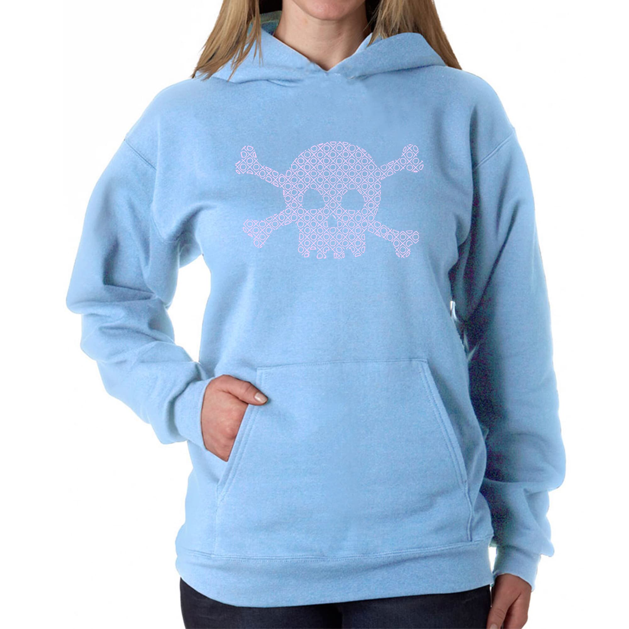 LA POP ART Women's XOXO Skull Word Art Hooded Sweatshirt - Trendy Graphic Pullover for Casual Wear, Street Style & Gift Giving