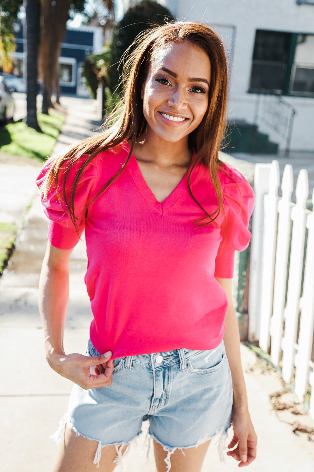 Be Bold Solid Fuchsia Shirred Puff Sleeve Sweater Top | Women's Fashion Knitwear | Perfect for Date Night & Fall Layering