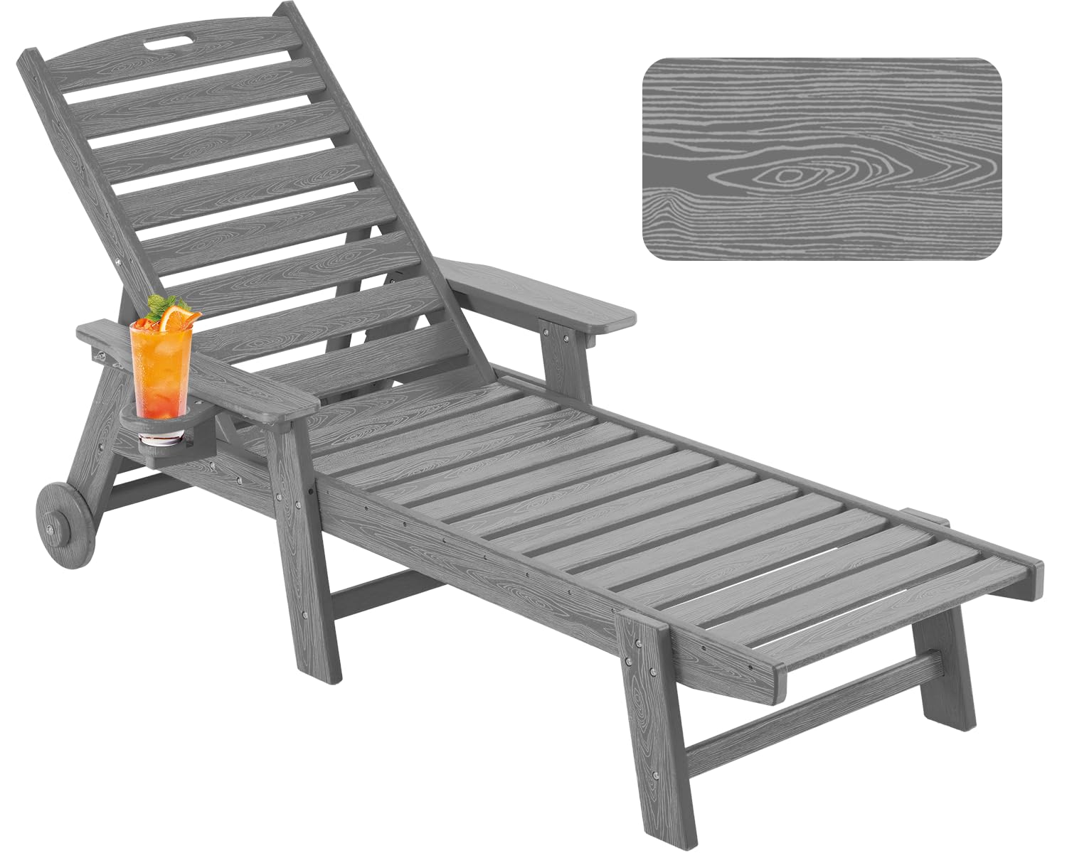 Outdoor Chaise Lounge Chair with Wheels - Oversized Patio Lounge Chair with Wood Texture - 5-Position Adjustable Plastic Sunbed for Pool, Beach, Deck & Backyard - Perfect for Relaxing, Sunbathing and Outdoor Lounging