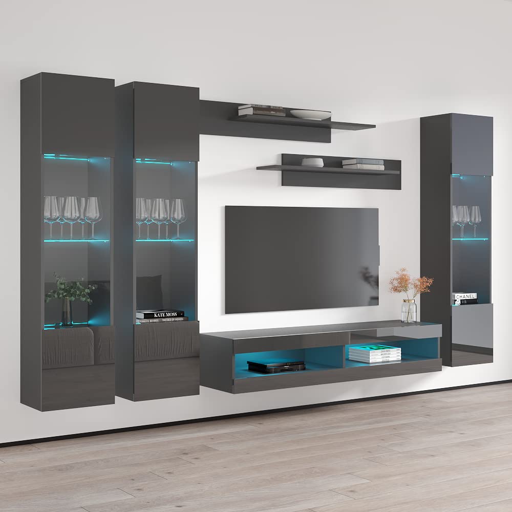 Modern Gray Wall-Mounted TV Stand with Storage Shelves & LED Lights - Meble Fly C 34 Entertainment Center Console for Living Room & Bedroom - Perfect for Organizing Media Devices & Enhancing Home Decor (CD3 Model)