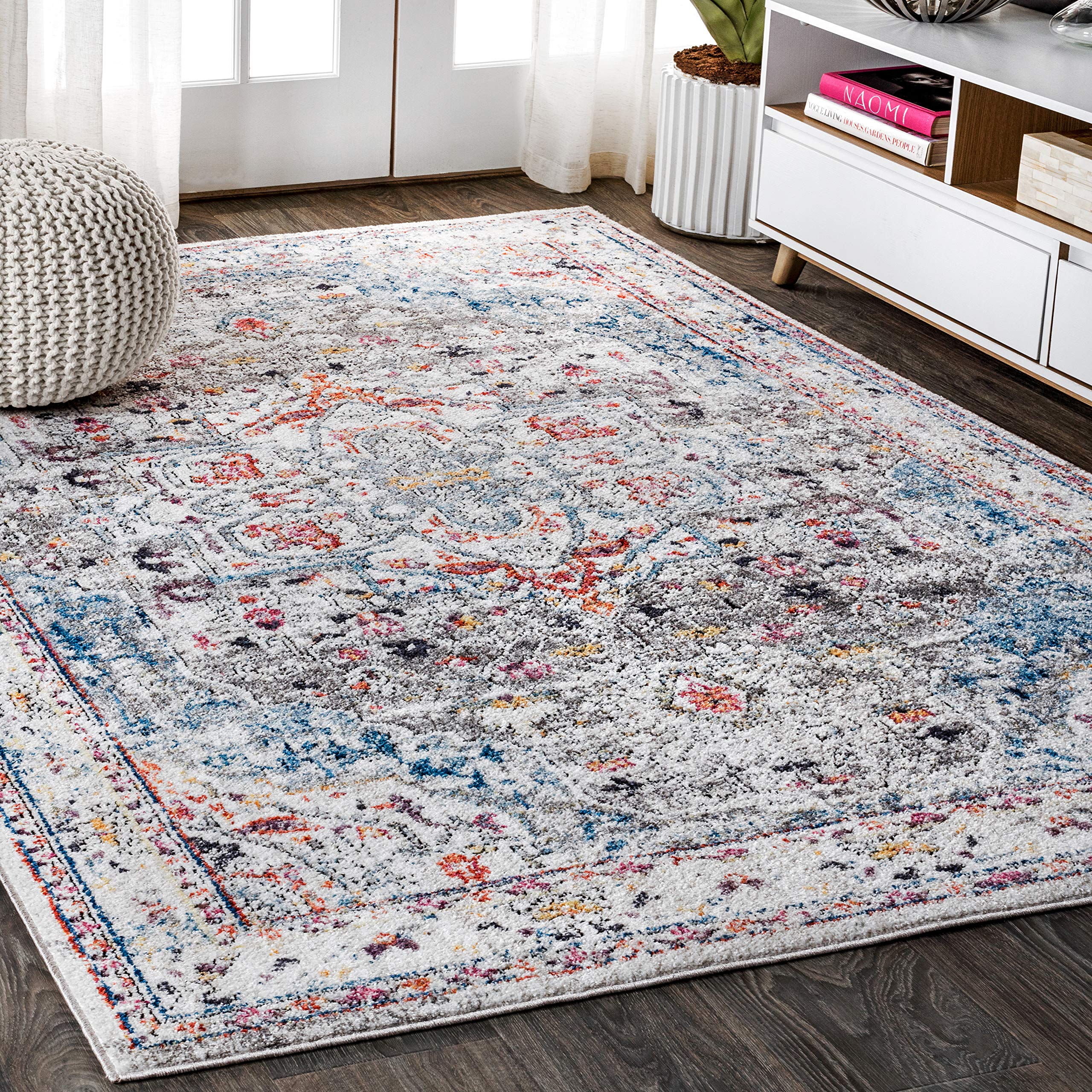 JONATHAN Y RES102A-4 Maras Vintage Medallion Indoor Area Rug - 4x6 Feet Non-Shedding Easy Clean - Gray, Red & Turquoise Bohemian Design - Perfect for Bedroom, Living Room & Kitchen Decor