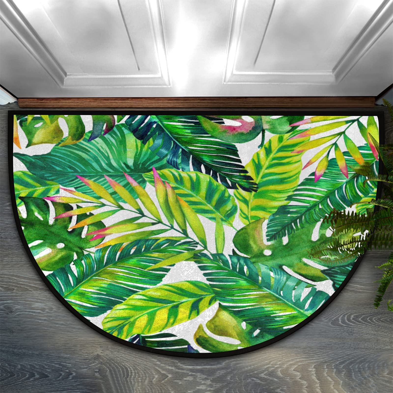 Half Round Door Mat - Non-Slip Tropical Beach Palm Leaves Design, 36x24 Inch Indoor/Outdoor Welcome Rug for Entryway, Porch, Patio & Front Door Decor