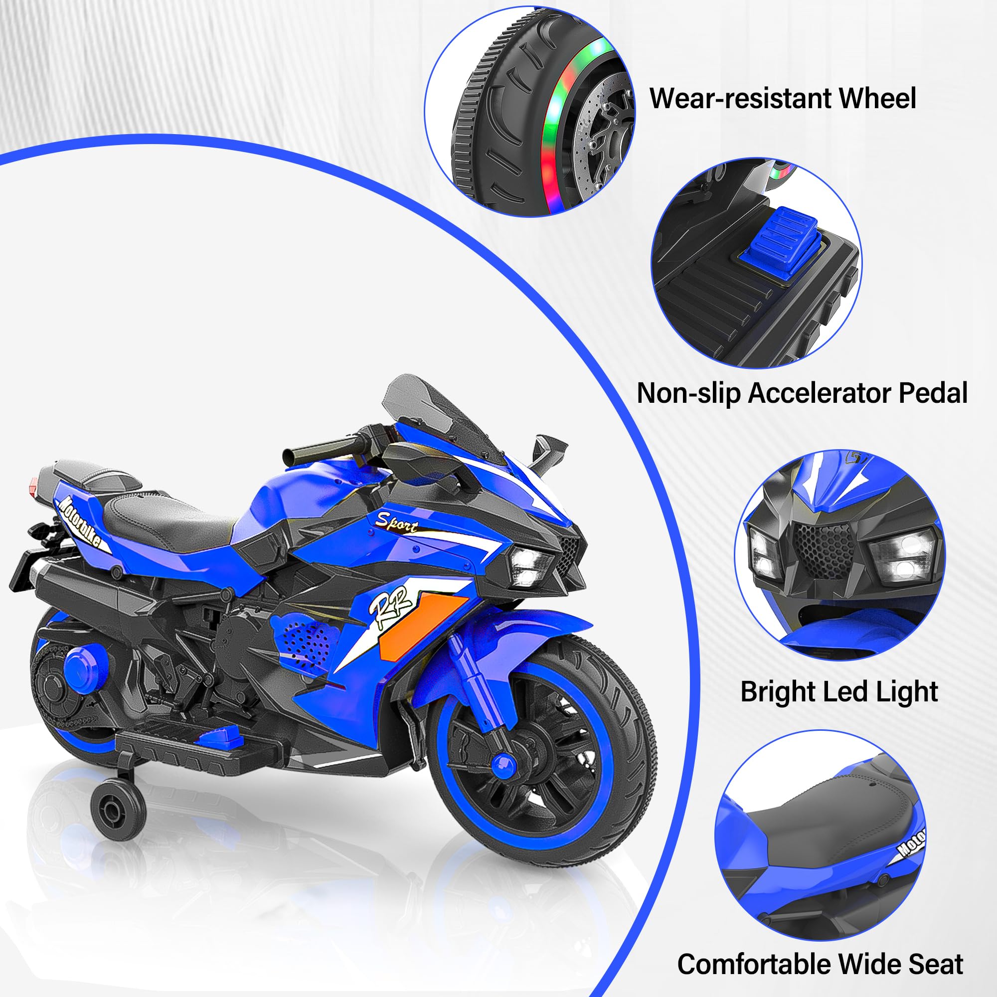 WIIS'IDEA 12V Electric Kids Motorcycle - Battery Powered Ride On Bike for Boys & Girls Ages 3-6 | 2 Wheels with Hand Racing, Foot Brake, LED Lights & PU Seat | Outdoor Play, Birthday Gift, Christmas Present (Blue)
