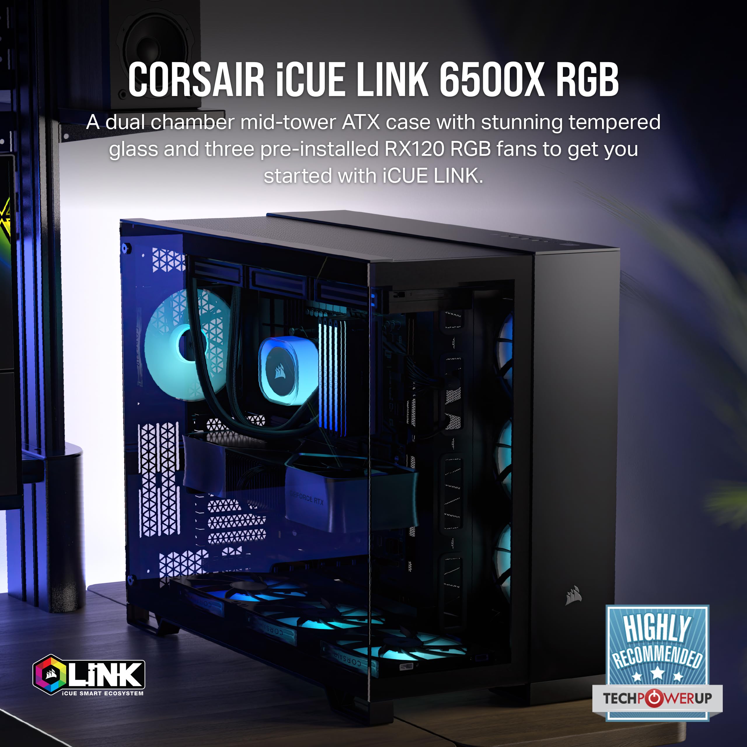 CORSAIR iCUE LINK 6500X RGB Mid-Tower ATX Dual Chamber PC Gaming Case with Panoramic Tempered Glass - Reverse Connection Motherboard Compatible - Includes 3x CORSAIR RX120 RGB Fans - Black - Perfect for High-Performance Gaming Rigs and Custom PC Builds
