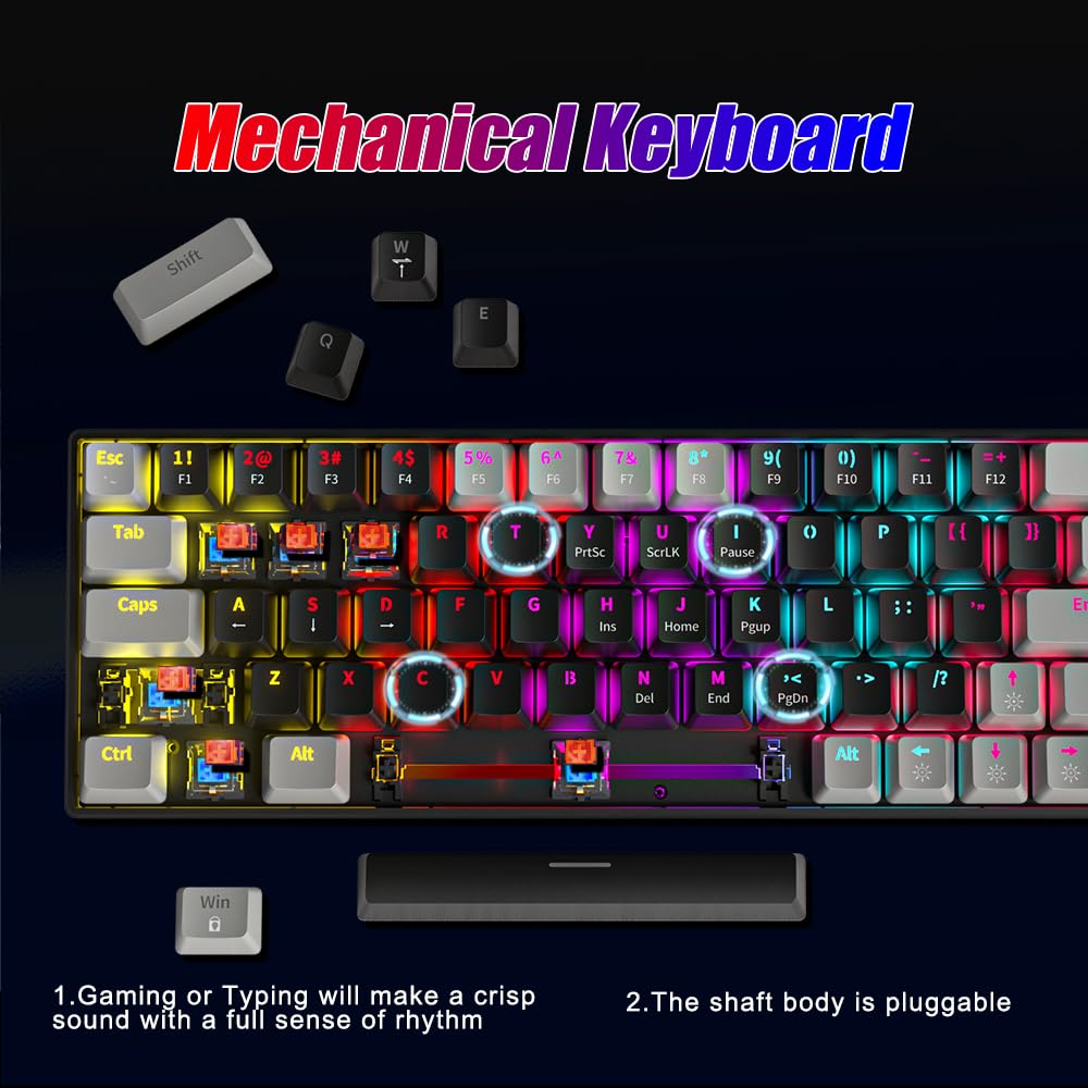 Abucow 60% Wired Mechanical Gaming Keyboard with RGB Backlight & Hot-Swappable Switches - 61-Key Compact Design with Pudding Keycaps for PC/Mac (Black-Gray) - Perfect for Esports, Office Work & Typing Enthusiasts