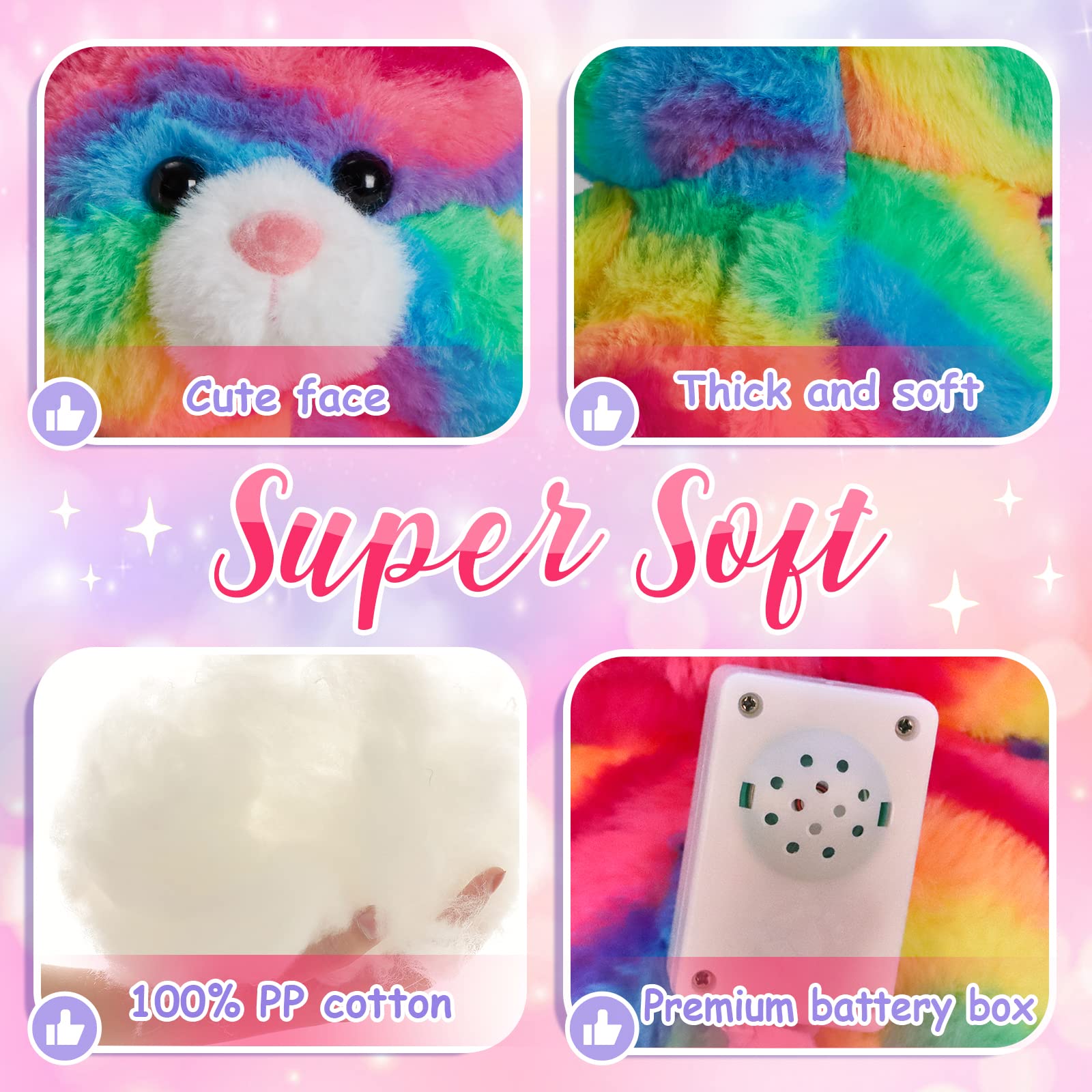 Glowing Rainbow Cat Stuffed Animal - LED Light Up Plush Toy with Night Light & Lullaby, Soft Cute Kitty Wildlife Decor for Kids Toddlers (11