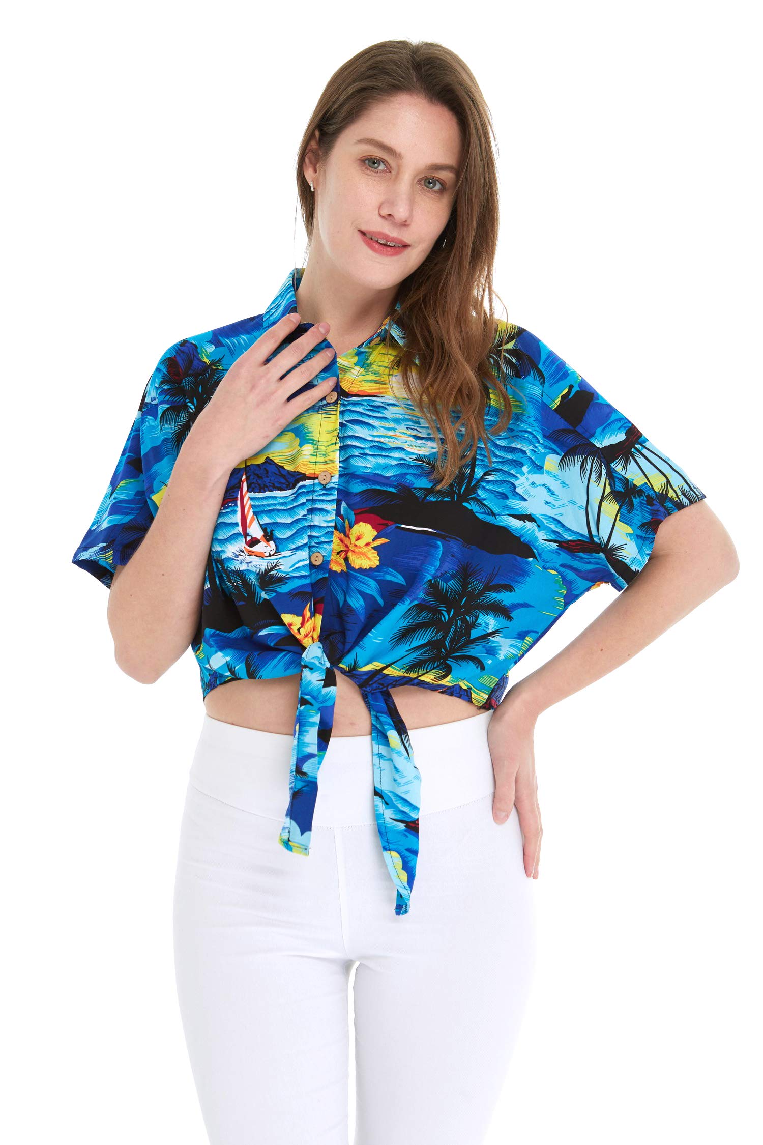 Women's Hawaiian Tie Front Crop Top Aloha Shirt in Sunset Print - Tropical Vacation Outfit for Beach Party & Summer Fashion