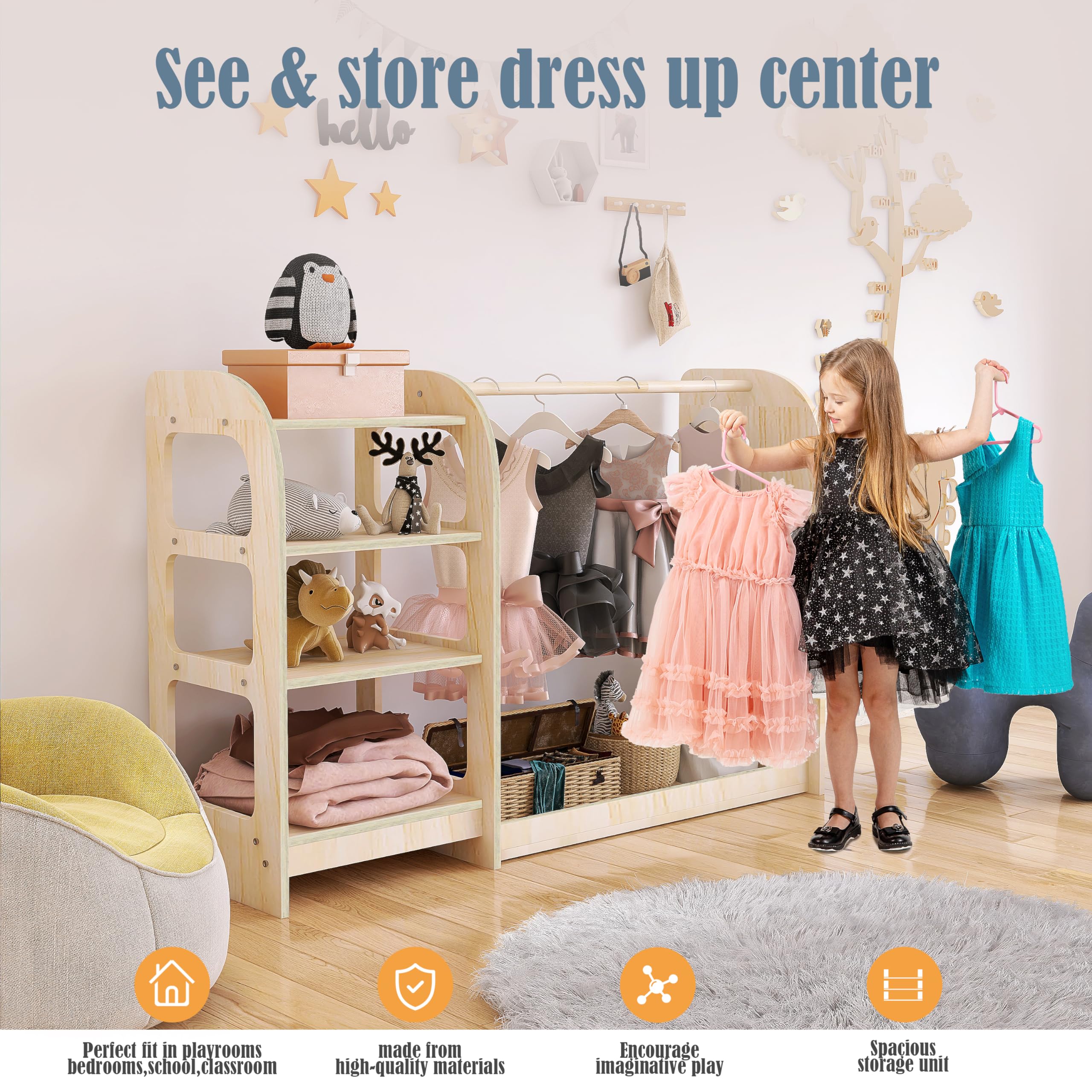 Wooden Kids Dress Up Storage Rack with Mirror & Shelf - Wardrobe Closet for Girls & Boys - Perfect for Bedroom, Playroom & Birthday Gift