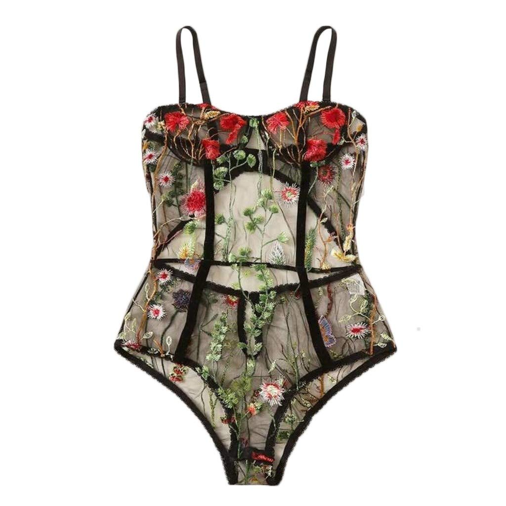 Sexy Women's Hollow Out Bodysuit Jumpsuit - Embroidered Floral Backless Sleepwear & Lingerie for Date Night, Boudoir, and Special Occasions