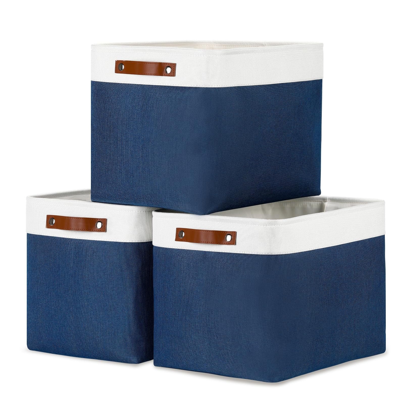 DULLEMELO Storage Baskets with Leather Handles - Home & Office Organizer for Shelves, Toys & Clothes (White & Blue)