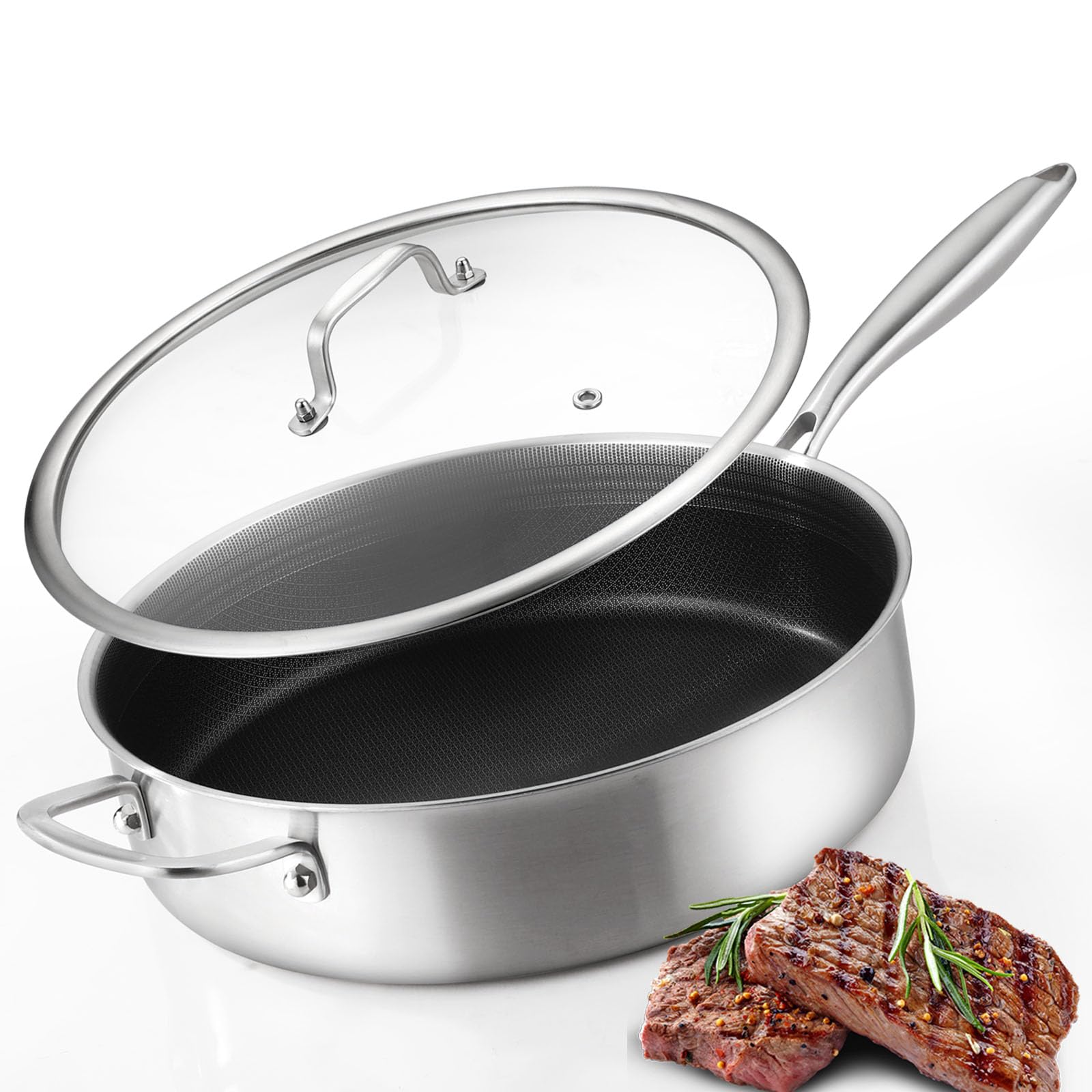 DELARLO 12.5 Inch Tri-Ply Stainless Steel Deep Saute Pan with Lid - 7QT Jumbo Nonstick Frying Pan, Induction Compatible Large Skillet for Professional Chefs - Oven & Dishwasher Safe - Perfect for Stir-Frying, Deep Frying & Searing Meats