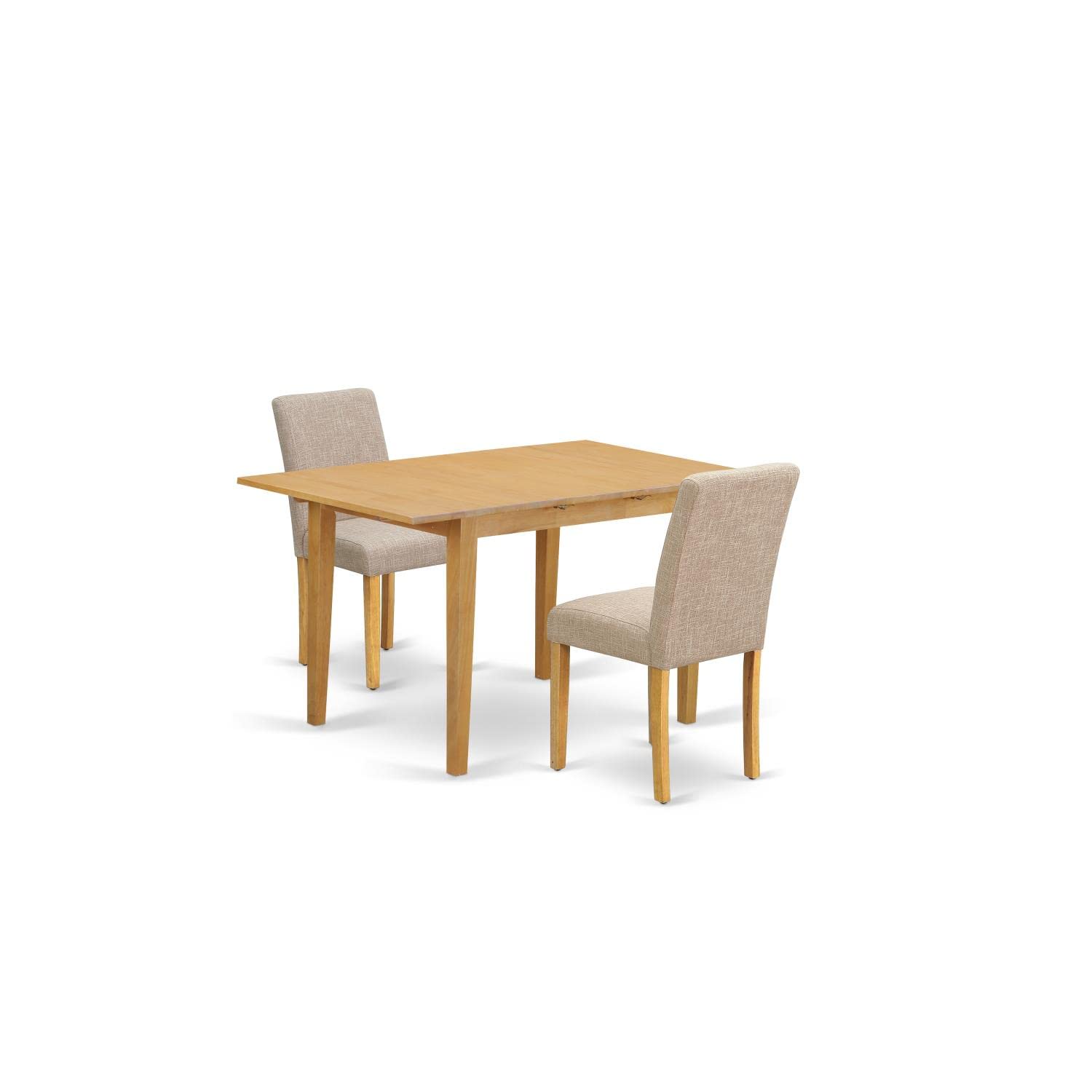 East West Furniture NOAB3-OAK-04 3-Piece Kitchen Dining Set - 32x54 Inch Oak Rectangle Table with Butterfly Leaf & 2 Light Tan Linen Upholstered Chairs - Perfect for Small Spaces, Breakfast Nooks & Cozy Family Meals