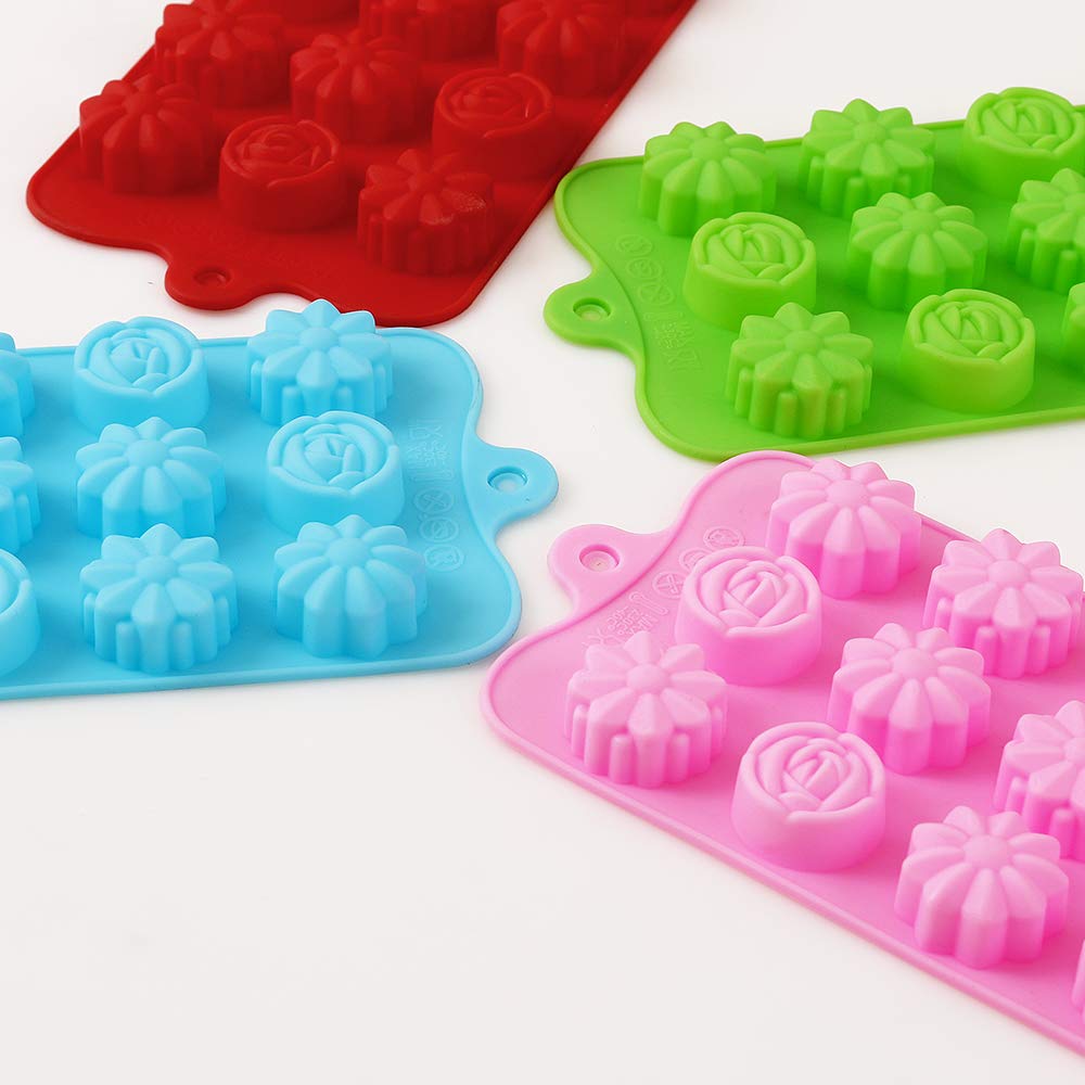 Premium 4-Pack Flower Shaped Silicone Molds - 15 Cavity Non-Stick Food Grade Baking Molds for Chocolate, Candy, Ice Cubes, Jelly, Soap & Bath Bombs - Perfect for DIY Crafts, Home Baking & Party Decorations