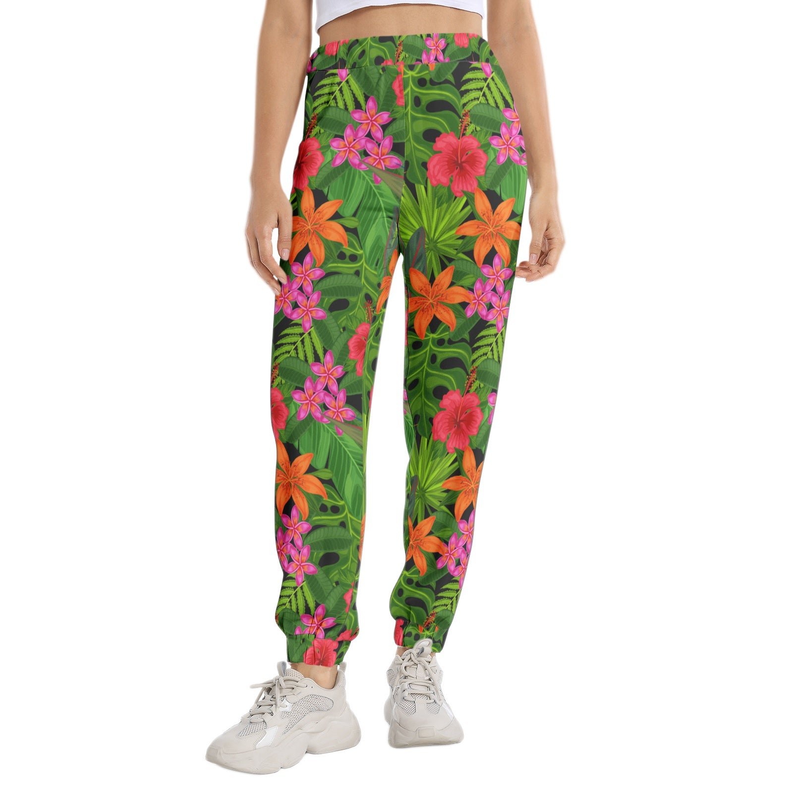 Floral Tropical Print Sweatpants for Women - Elastic Waistband & Tapered Ankle Design - Perfect for Yoga, Lounging & Casual Wear