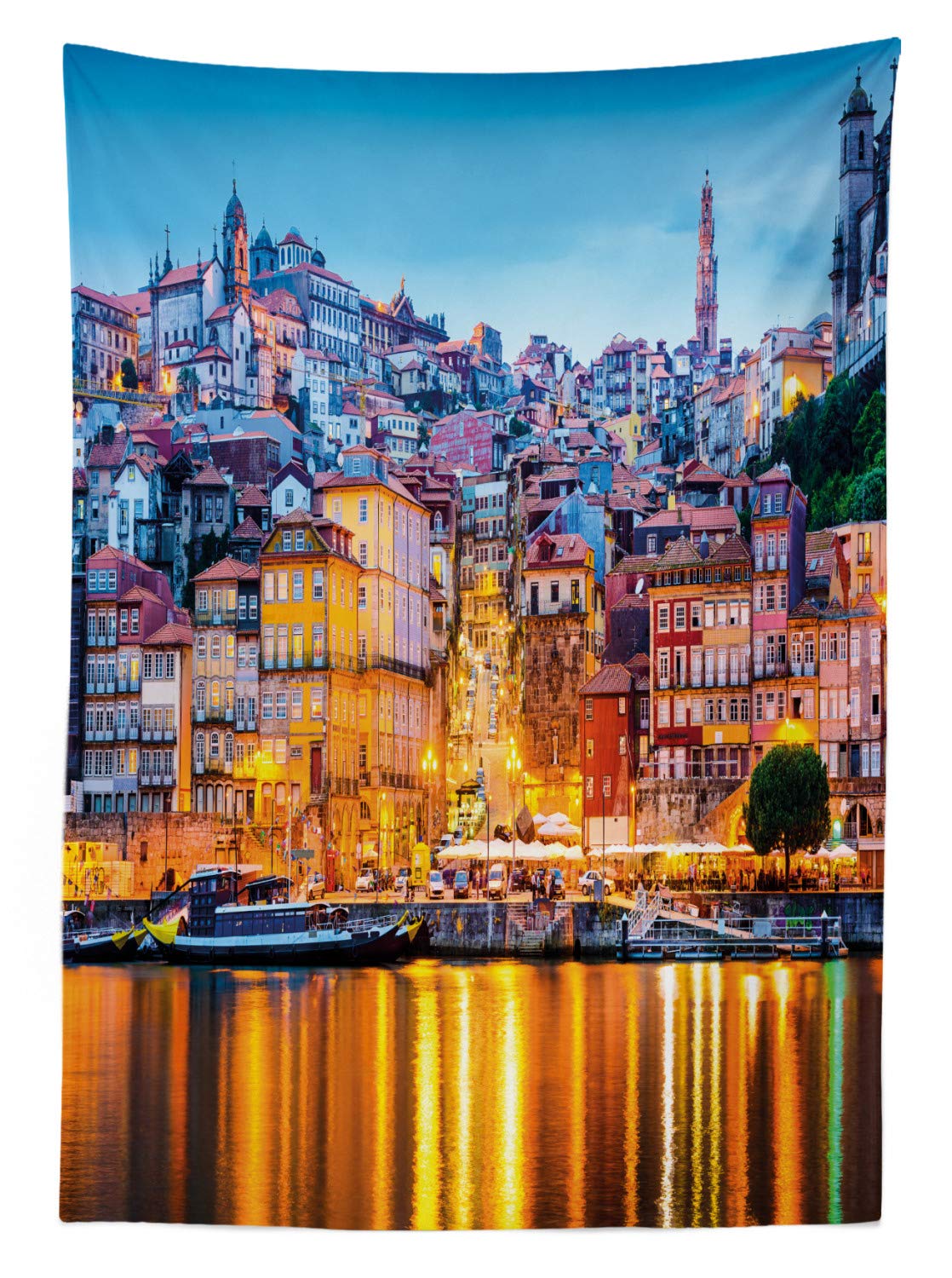 Ambesonne European Medieval Porto City Scenery Outdoor Tablecloth - Washable Picnic Table Cover 58x84 Inches - Ginger Pale Blue for Garden Parties, Patio Dining & Outdoor Decor