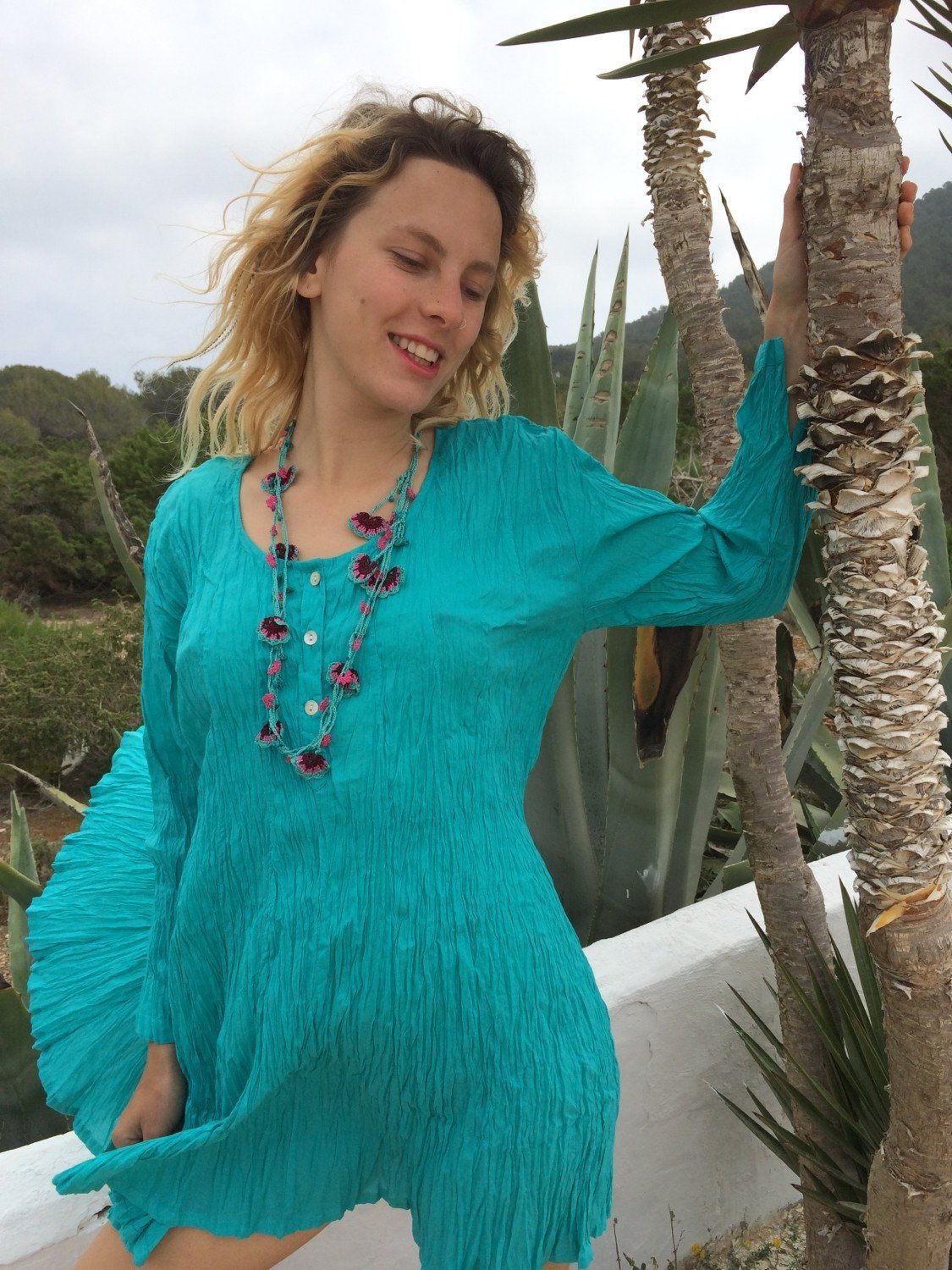 Turquoise Blue Cotton Kaftan Dress - Boho Chic Beach Cover Up from Ibiza | Perfect for Poolside, Vacation & Summer Outfits