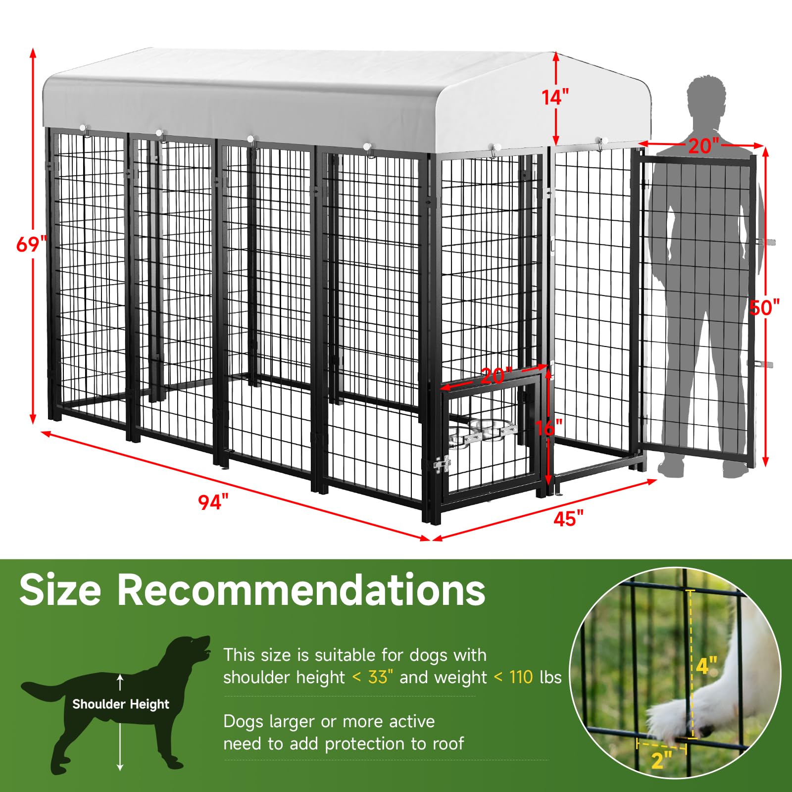 **SINO LUBAN 2PCS Heavy Duty Outdoor Dog Kennel with Roof & Doggy Door - 8x4x6ft Large Dog Run for Giant Breeds, Includes Bowls & Connectable to Dog House - Perfect for Backyard, Patio & Secure Outdoor Play**