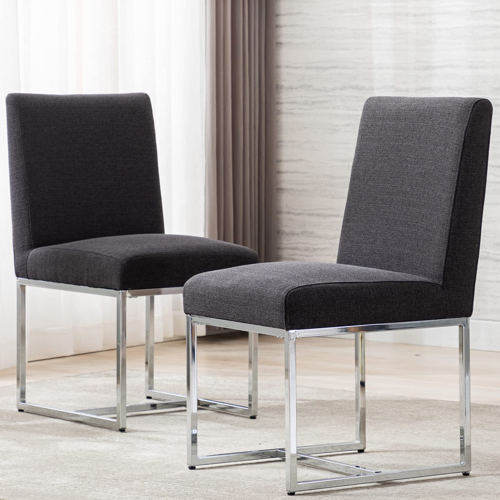 Modern Dining Chairs Set of 2 - Mid Century Upholstered Kitchen Chairs with Linen Fabric & Chrome Metal Frame - Charcoal Black - Perfect for Dining Room, Kitchen Island & Small Space Decor