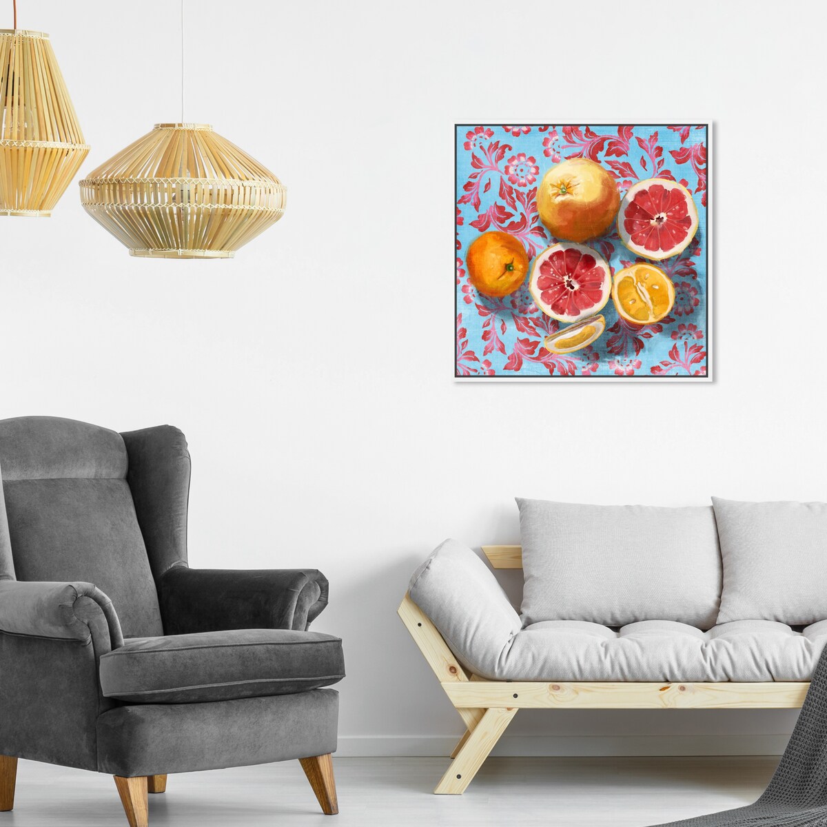Tropical Citrus Still Life Blue Framed Canvas Wall Art Print - Sour Fruit Kitchen Decor for Cabin & Lodge - Perfect for Farmhouse, Dining Room & Country Style Homes