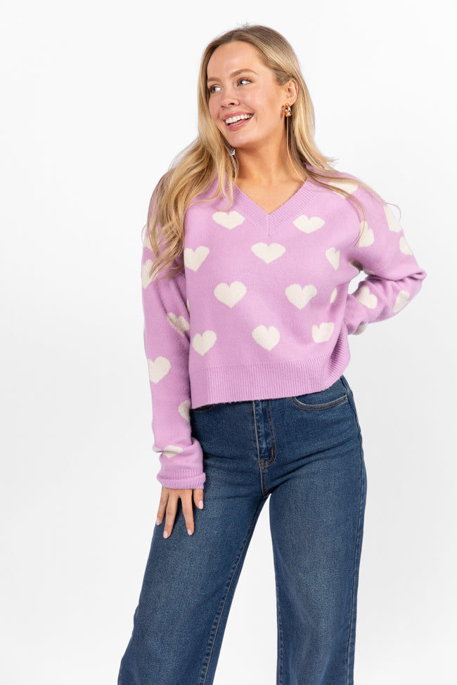 By The Book Lilac Hearts V Neck Sweater for Women - Cozy Knit Pullover Perfect for Date Night, Office Wear & Casual Outfits (Final Sale)