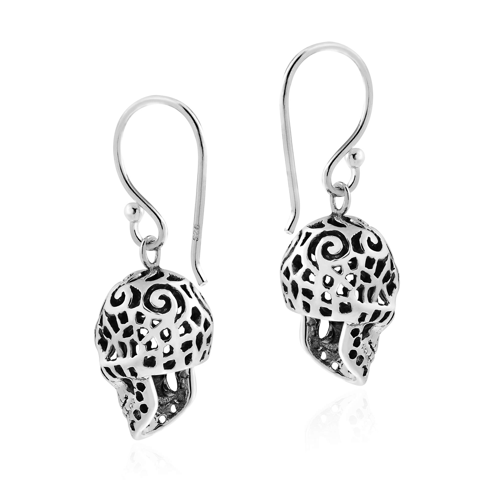 Menacing Tattooed Skull .925 Sterling Silver Dangle Earrings for Men & Women - Gothic Jewelry with Unique Pattern | Perfect for Punk Rock Concerts, Halloween Costumes & Edgy Fashion Statements