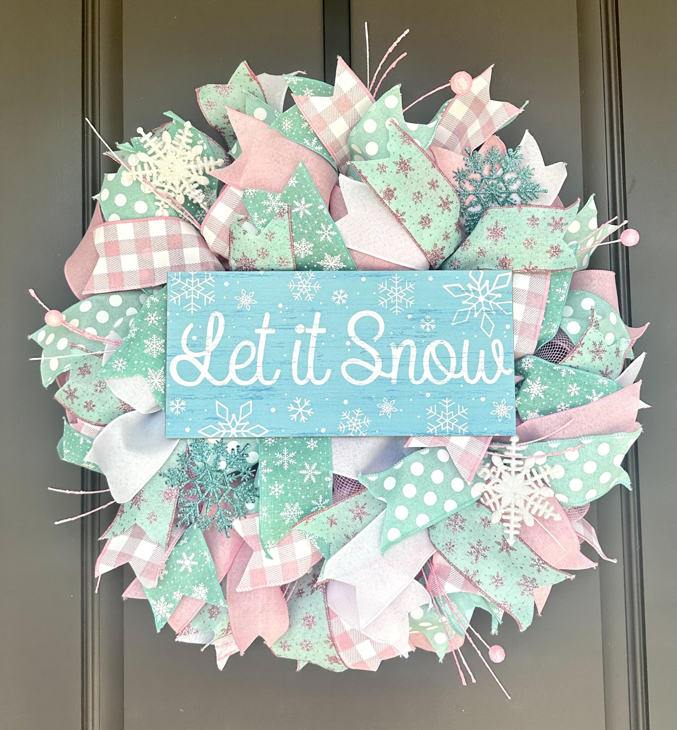 Pink Teal & Blue Snowflake Christmas Mesh Wreath - Holiday Door & Indoor Party Decor for Xmas, Winter, Home, Office & Festive Celebrations