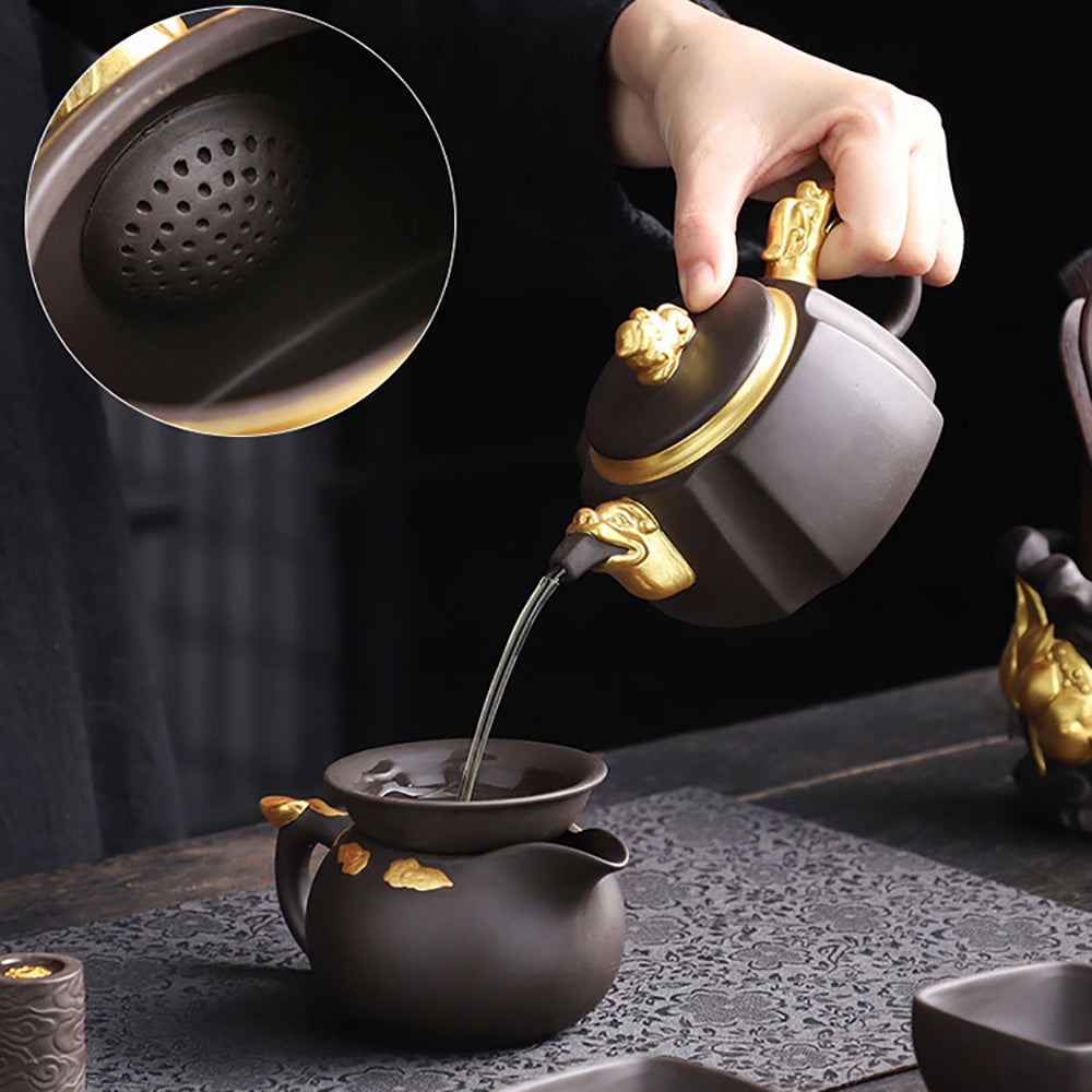 Premium Purple Clay Black Gold Dragon Tea Set - Authentic Chinese Gongfu Tea Ceremony Set for Home & Office Use