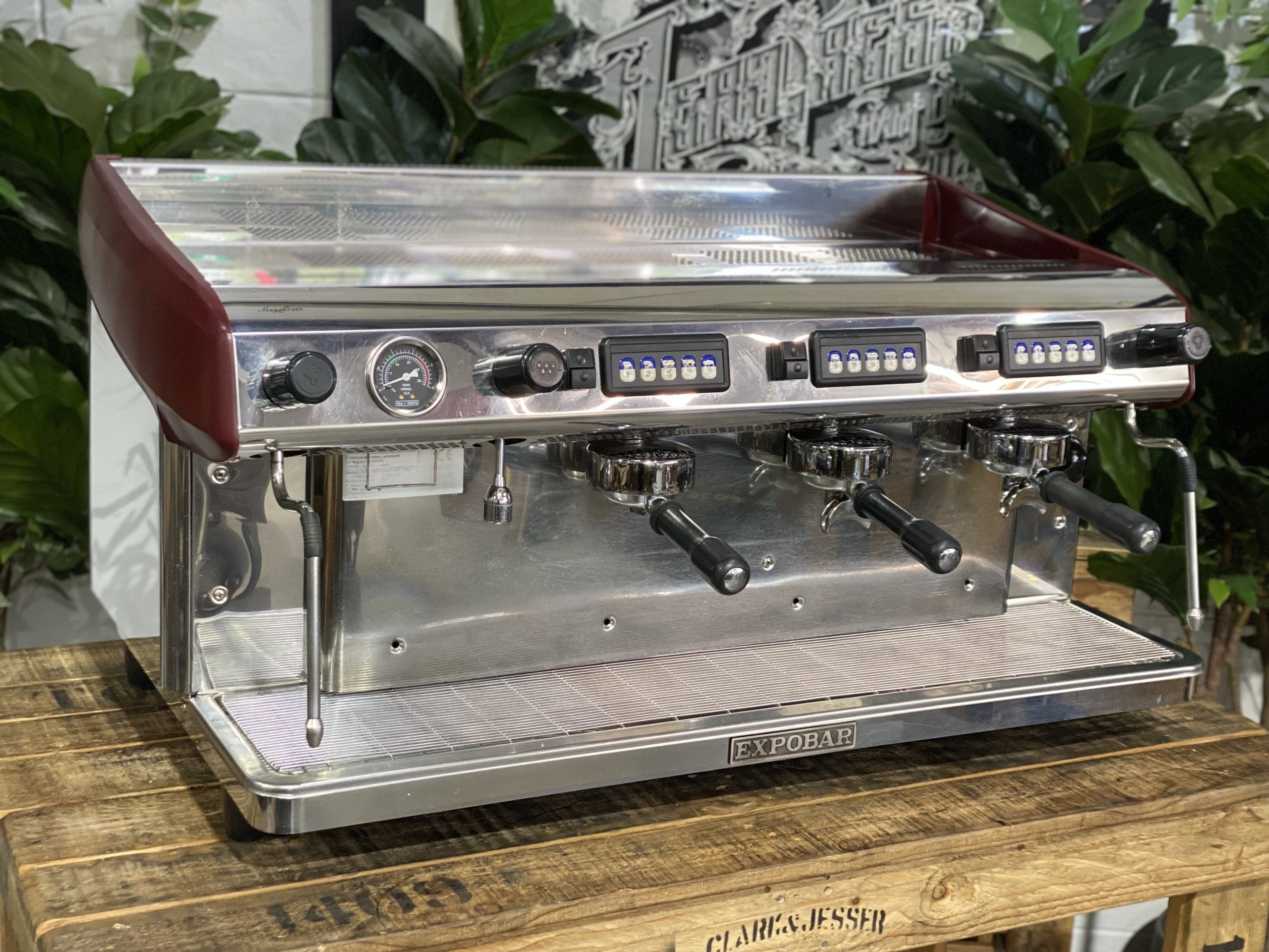 Expobar MegaCrem High Cup 3 Group Commercial Espresso Machine - Stainless Steel & Red Finish - Perfect for Coffee Shops, Restaurants, and Cafes