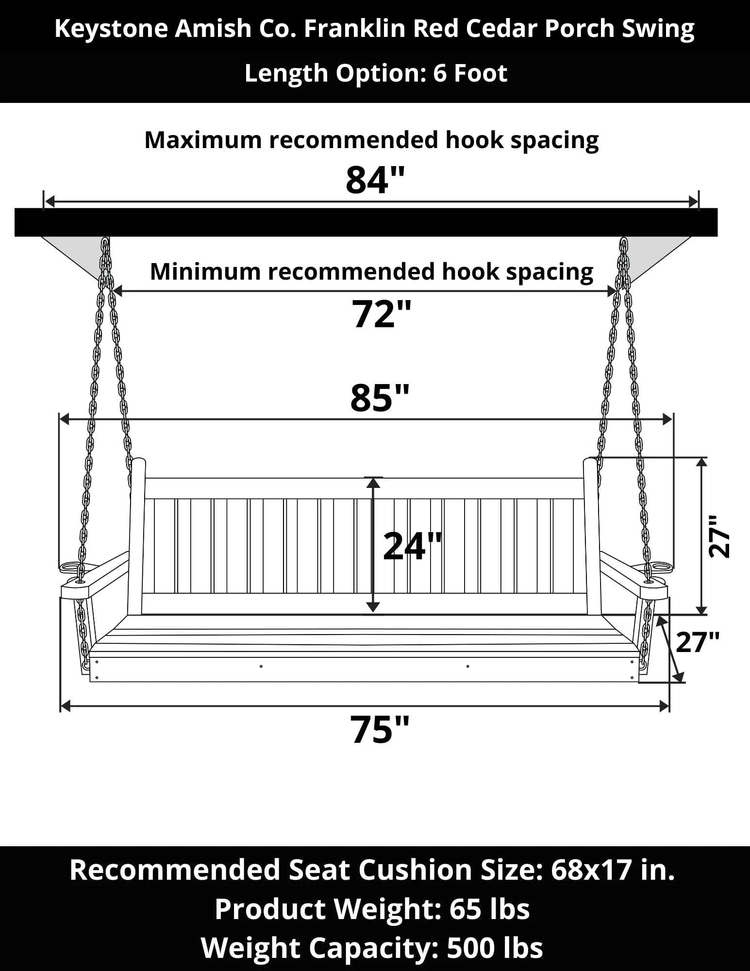 Keystone Amish Co. Franklin Red Cedar Porch Swing - Outdoor Patio Hanging Bench with Weather-Resistant Finish for Garden, Backyard & Porch Relaxation