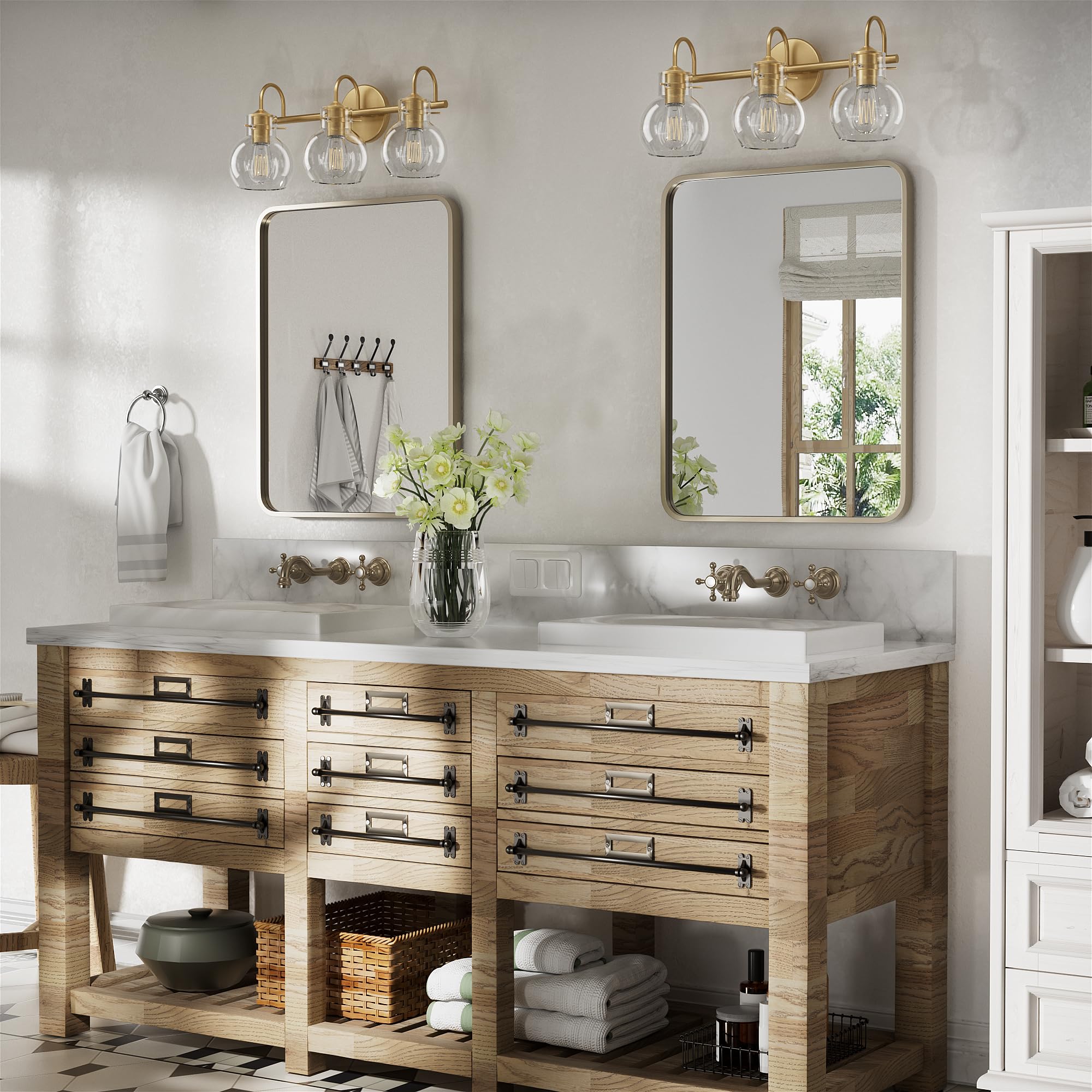 Modern Gold Vanity Light Fixture - 3 Light Bathroom Sconce with Clear Globe Glass Shade for Mirror Lighting, E26 Base - Perfect for Bathroom, Hallway & Dressing Room Makeup Vanity