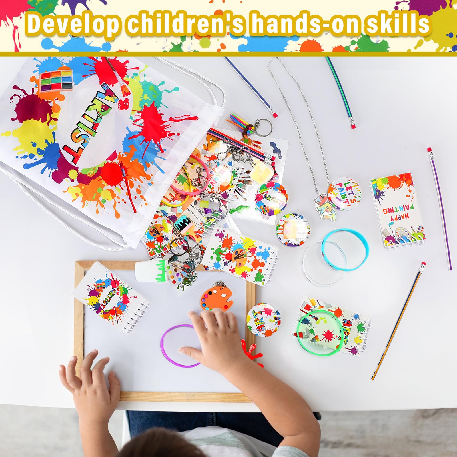 Jenaai 102 Pcs Art Paint Party Favor Supplies Kit - 12 Drawstring Backpacks, 12 Silicone Bracelets, 12 Badges, 12 Keychains, 18 Spiral Notepads, 12 Bendable Pencils, 12 Stickers & 12 Necklaces - Perfect for Kids Birthday Parties, School Events & DIY Craft Activities