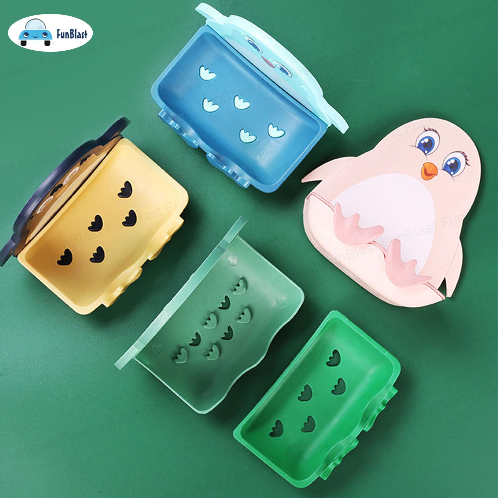 FunBlast Penguin Soap Case Set of 2 - Wall Mounted Soap Holder for Bathroom & Kitchen Sink, Waterproof Magic Stickers Soap Dish Organizer (Blue & Pink) - Perfect for Kids' Bathrooms, RV Showers, and Dorm Sinks