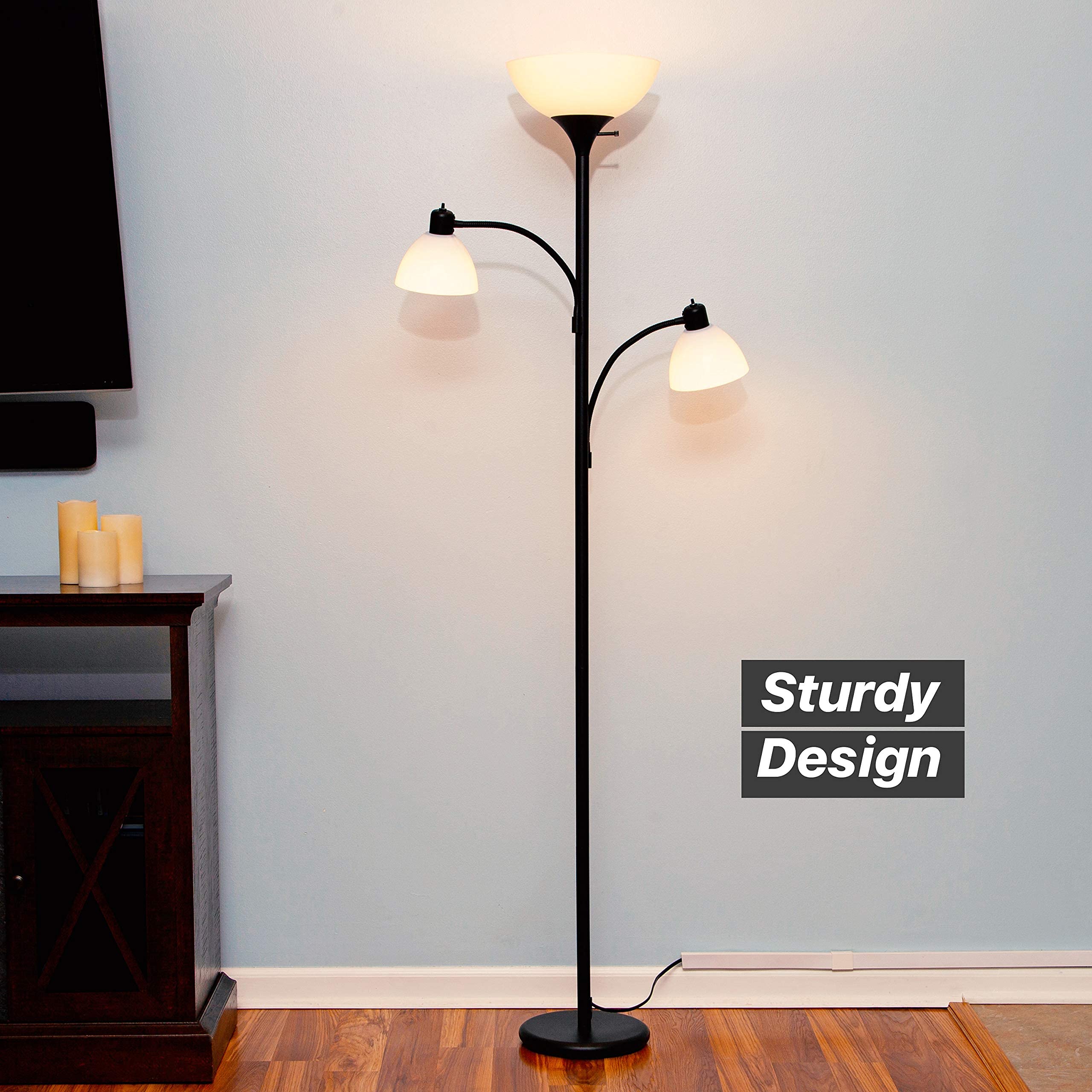 Brightech Sky Dome Double LED Floor Lamp - Super Bright Torchiere with 2 Adjustable Reading Lights, Dimmable Tall Standing Lamp for Living Room, Office & Bedroom - Black Modern Floor Light for Reading, Working & Relaxing