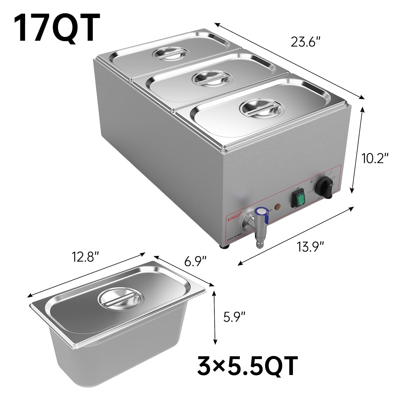 Valgus Commercial Grade Stainless Steel 3-Section 17 Qt Electric Bain Marie Food Warmer with Lid & Tap - Perfect for Catering, Buffets, Restaurants & Banquet Events