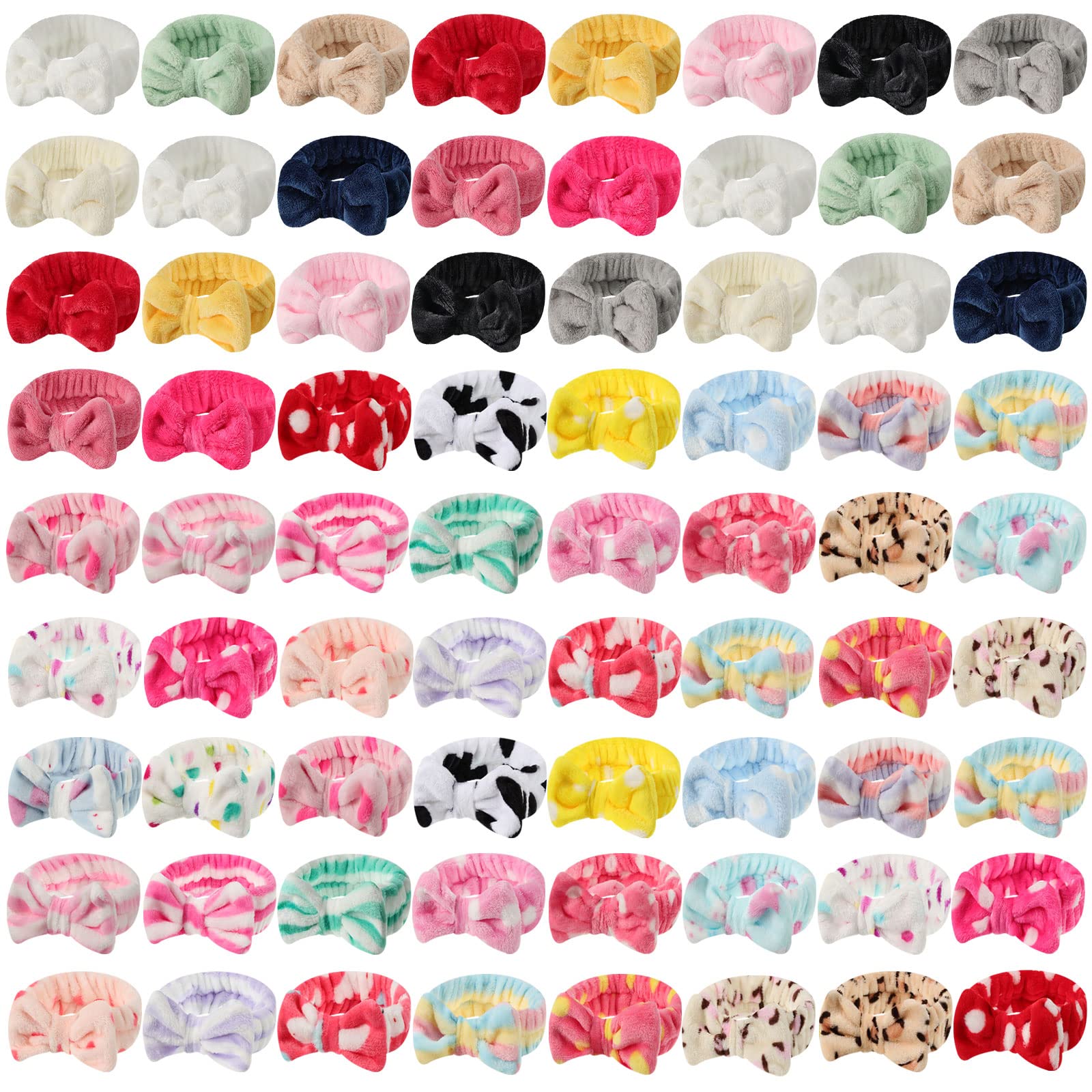 Jutom 74 Pcs Spa Headband Set - 32 Styles Coral Fleece & Terry Cloth Facial Hair Wrap for Makeup, Skincare, Washing Face - Soft Bow Hairbands for Women - Perfect for Salon, Spa, Home Beauty Routine & Gift Giving