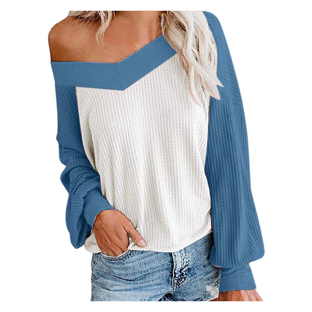 HDGTSA Women's Off Shoulder Pullover Top - V Neck Waffle Knit Batwing Sleeve Loose Sweater Blouse for Casual Wear, Date Night & Fall Layering