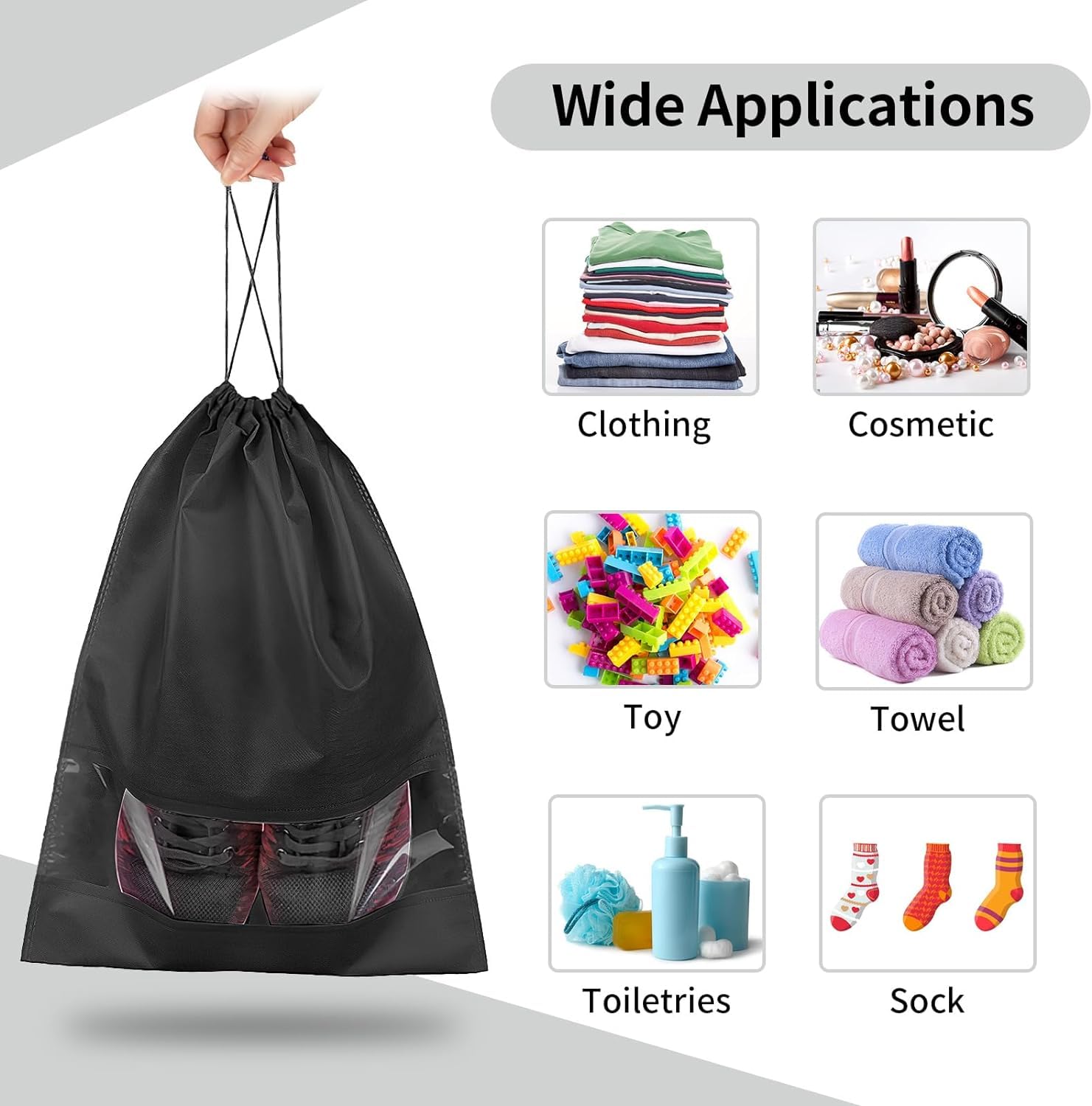 20 Pack Large Clear Window Shoe Bags for Travel - Dustproof Drawstring Shoe Storage Organizers for Men & Women (Black) - Perfect for Packing, Gym, Vacation & Closet Organization