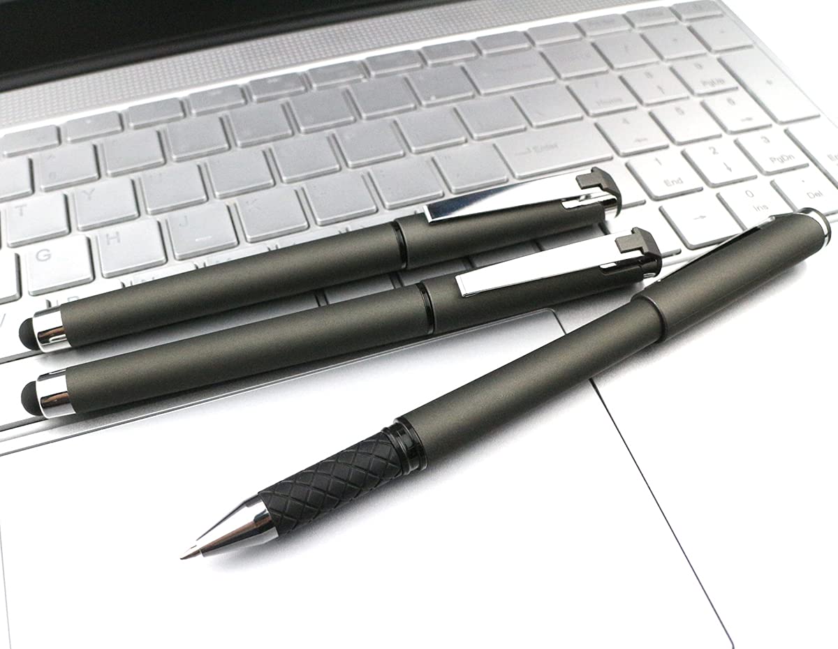 Premium 18-Pack Black Gel Ink Rollerball Pens with 1.0mm Medium Point & 2-in-1 Stylus - Smooth Writing for Office, School, Note-Taking & Digital Devices (Grey)