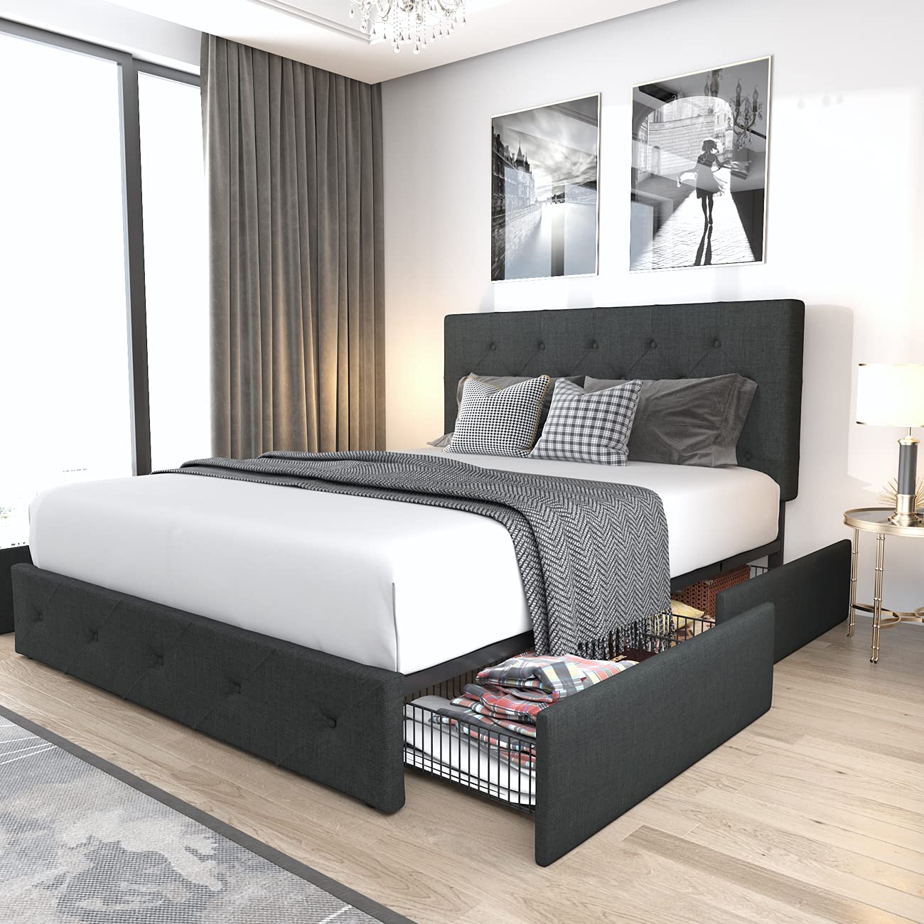 Queen Platform Bed Frame with Storage Drawers & Headboard - Dark Grey for Modern Bedrooms