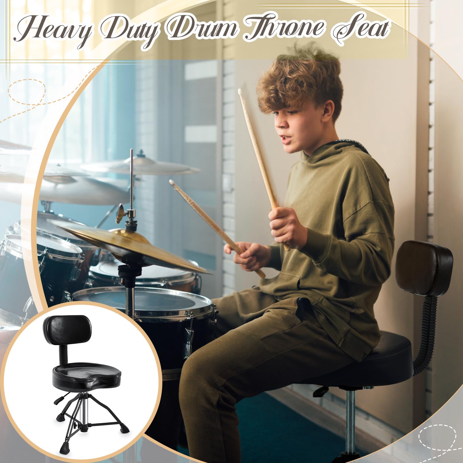 Adjustable Hydraulic Drum Throne with Backrest & Memory Foam Seat - Stable Bass Drum Stool for Adult Drummers & Guitar Players (Black, Apple Style) - Perfect for Home Studios, Live Performances & Music Practice Sessions