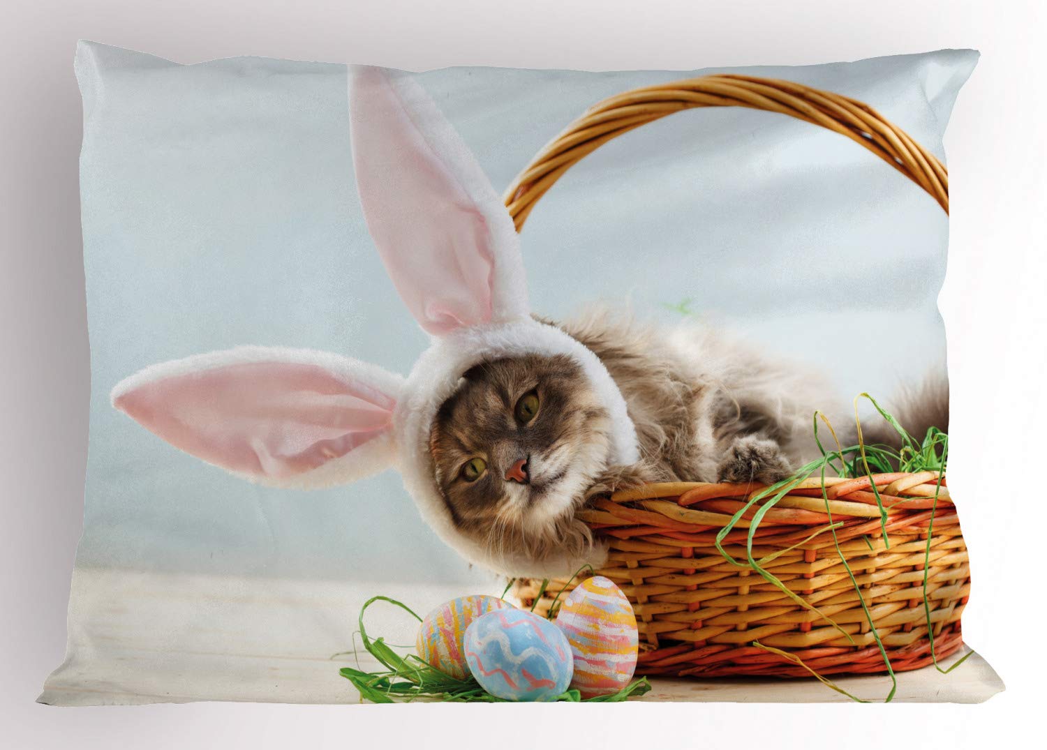 Ambesonne Easter Bunny Pillow Sham - Fluffy Cat with Pink Rabbit Ears in Easter Basket with Dyed Eggs - Decorative Standard King Size Printed Pillowcase 36