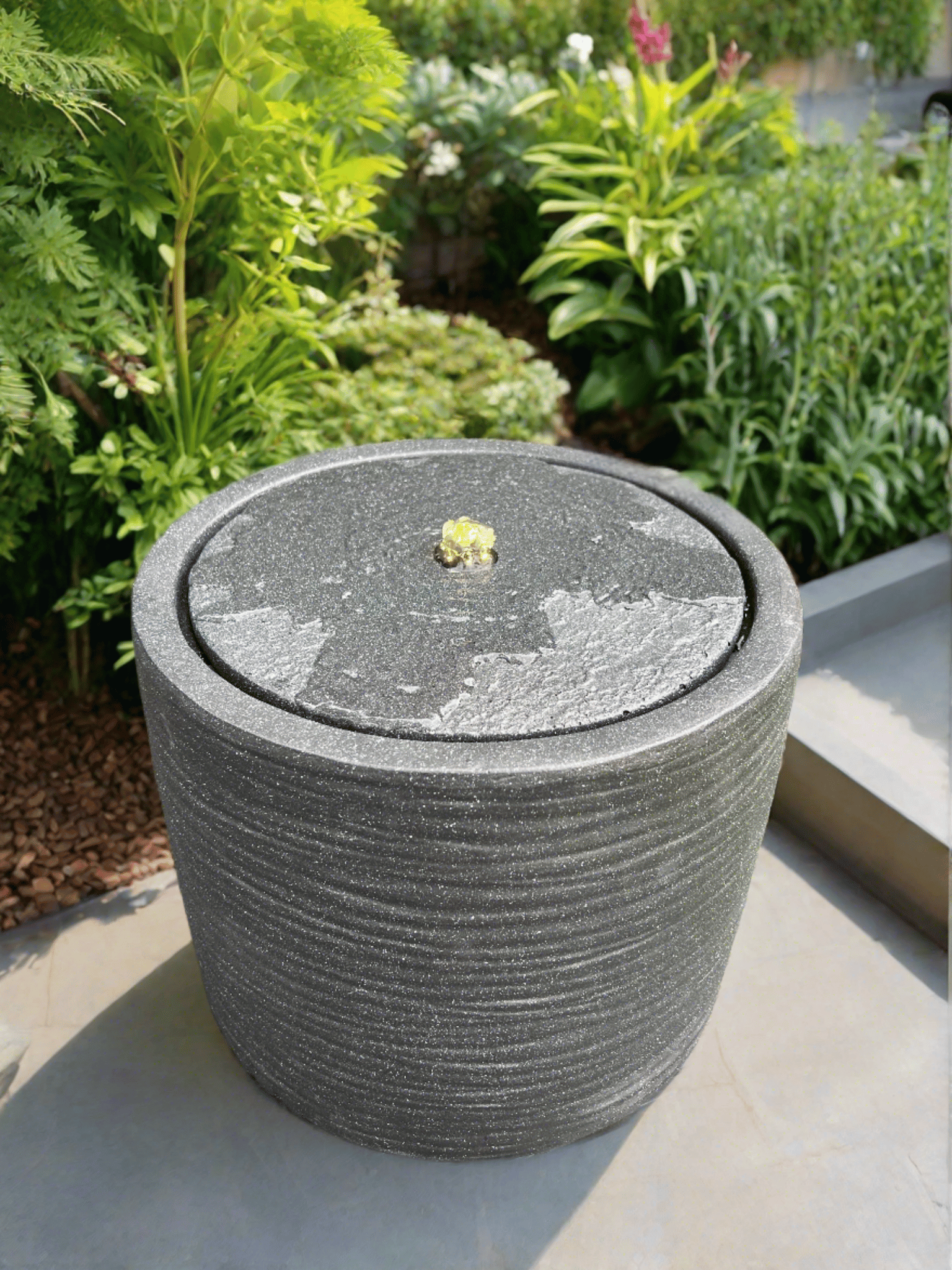 Round LED Water Fountain with Plug-in Power - Dark Grey 36x36x28cm for Home Garden, Patio & Indoor Decor