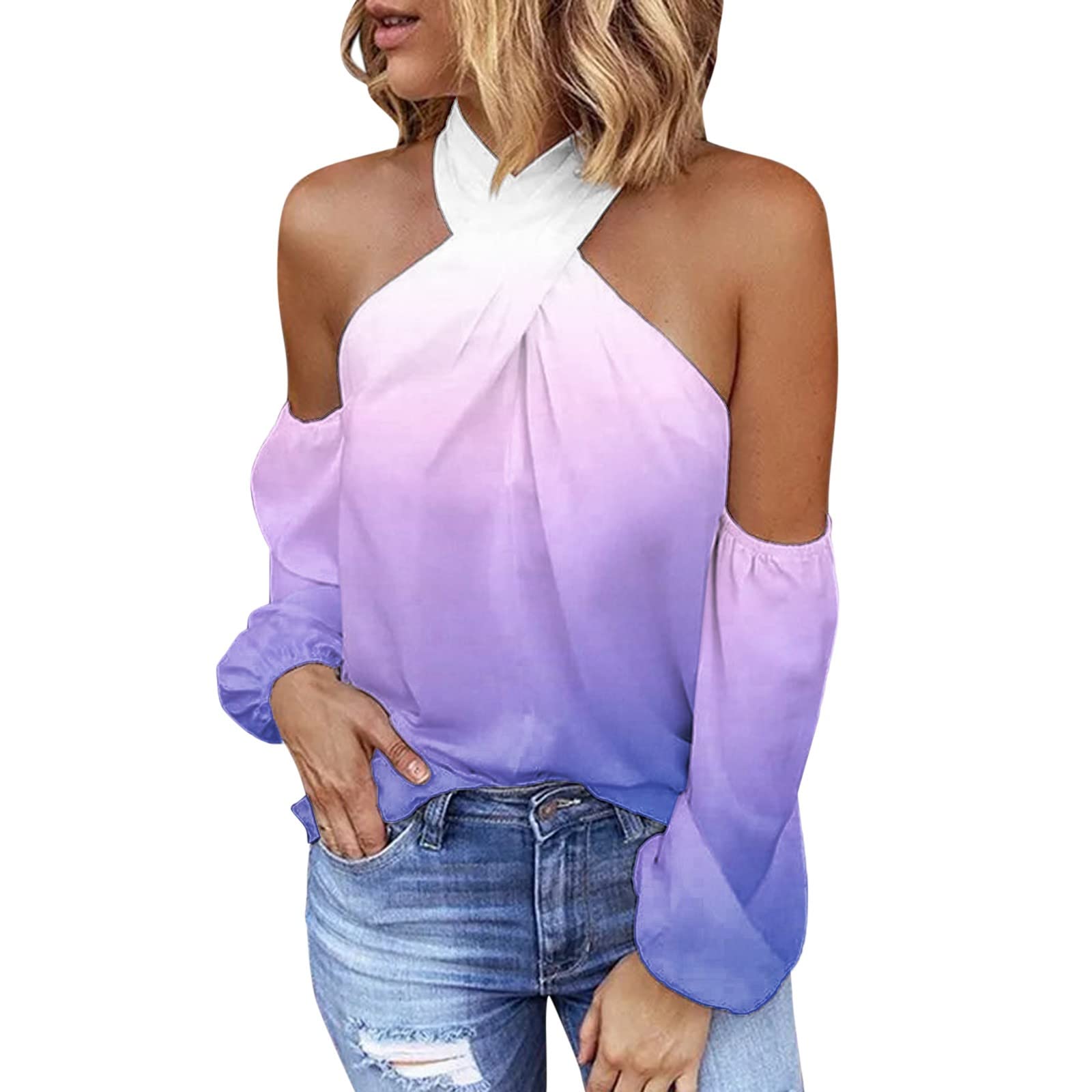 Women's Long Sleeve Halter Sexy Shirt - Loose Casual T-Shirt for Ladies - Perfect for Date Night, Club Wear & Everyday Fashion
