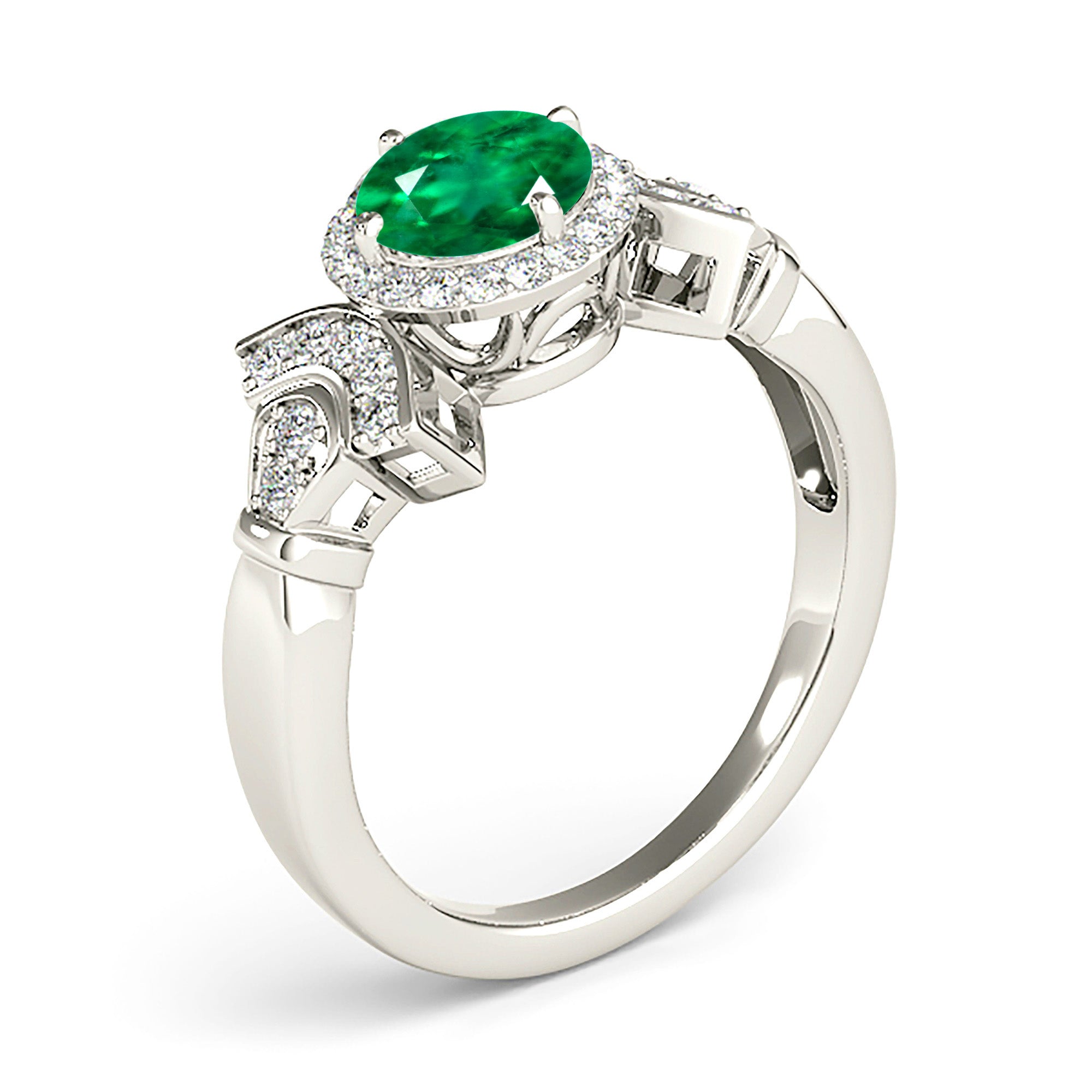 1.70 Carat Genuine Emerald Ring with Halo & Diamond Accent Band - Elegant Wedding, Engagement & Anniversary Jewelry Gift for Women