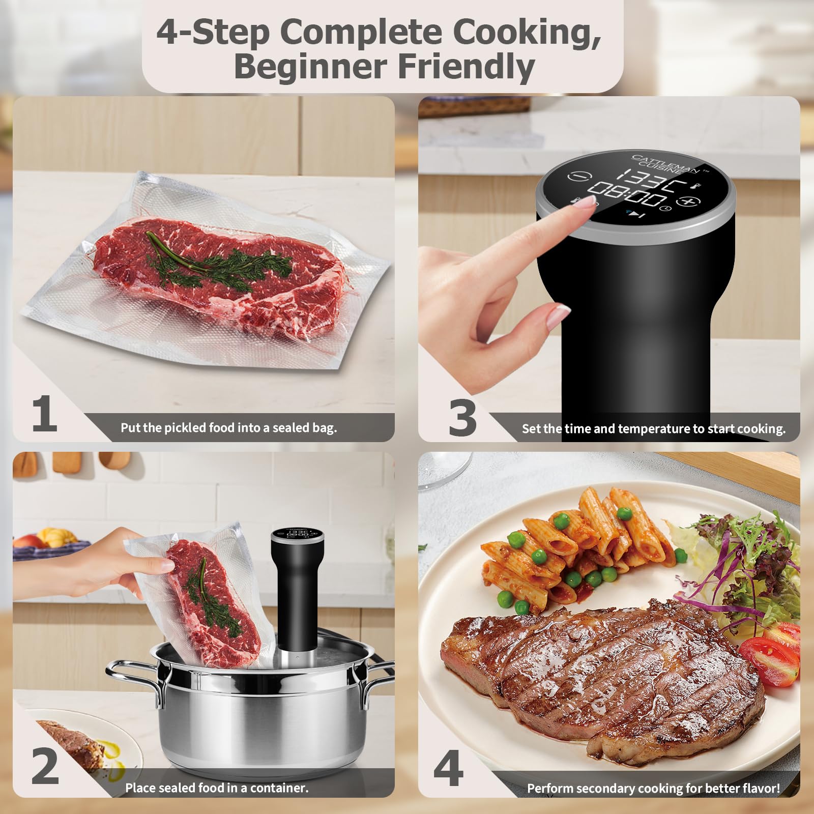 Precision Sous Vide Cooker 1000W - Immersion Circulator with Digital Timer & Temperature Control - Quiet Waterproof Sous Vide Machine for Steak, Chicken, Fish - Includes Free Cookbook - Perfect for Home Chefs & Professional Kitchens