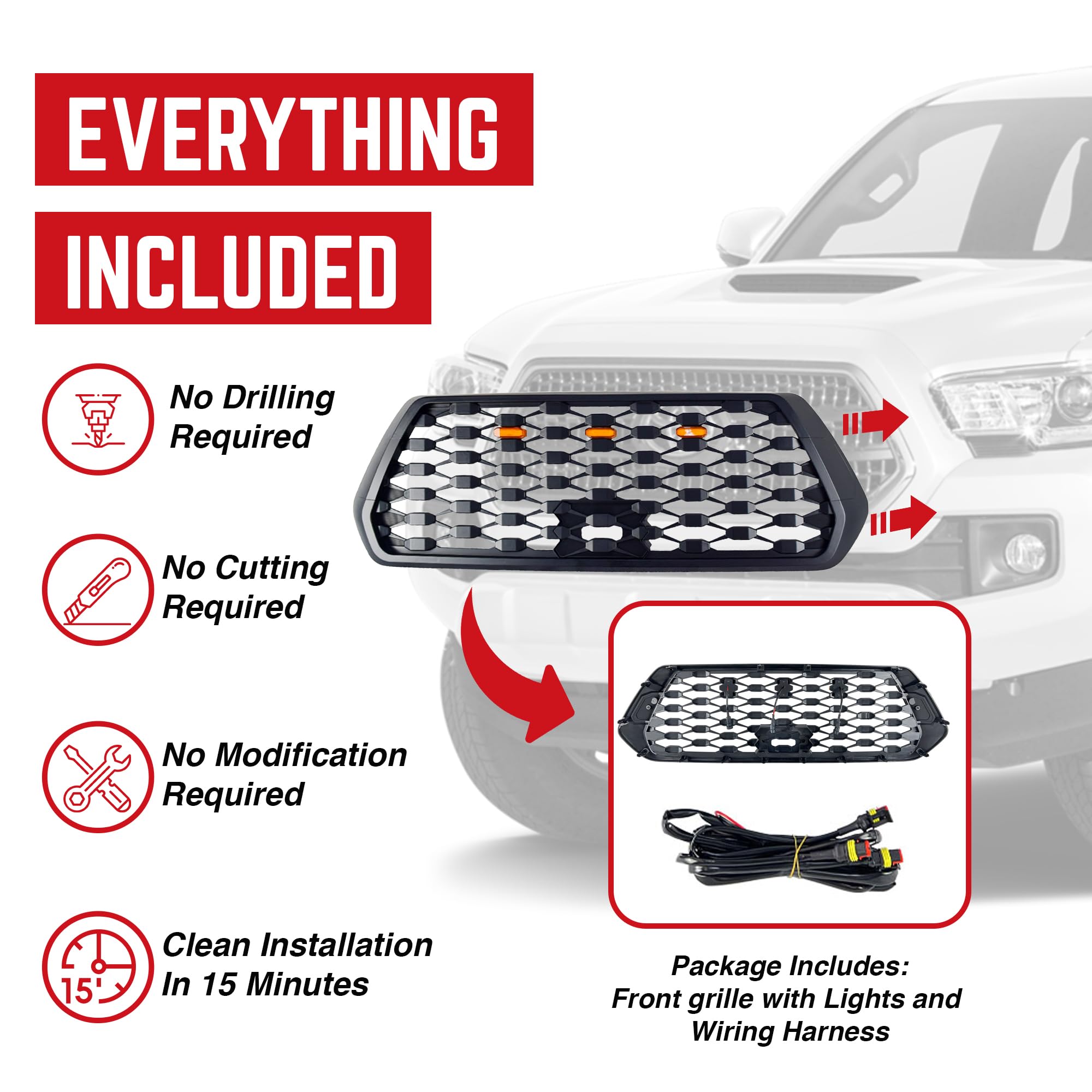 2016-2023 Toyota Tacoma Front Hood Bumper Replacement Grille with LED Lights - American Modified Style (Excludes Trucks with Radar Behind Emblem) | Off-Road Upgrade & Custom Look
